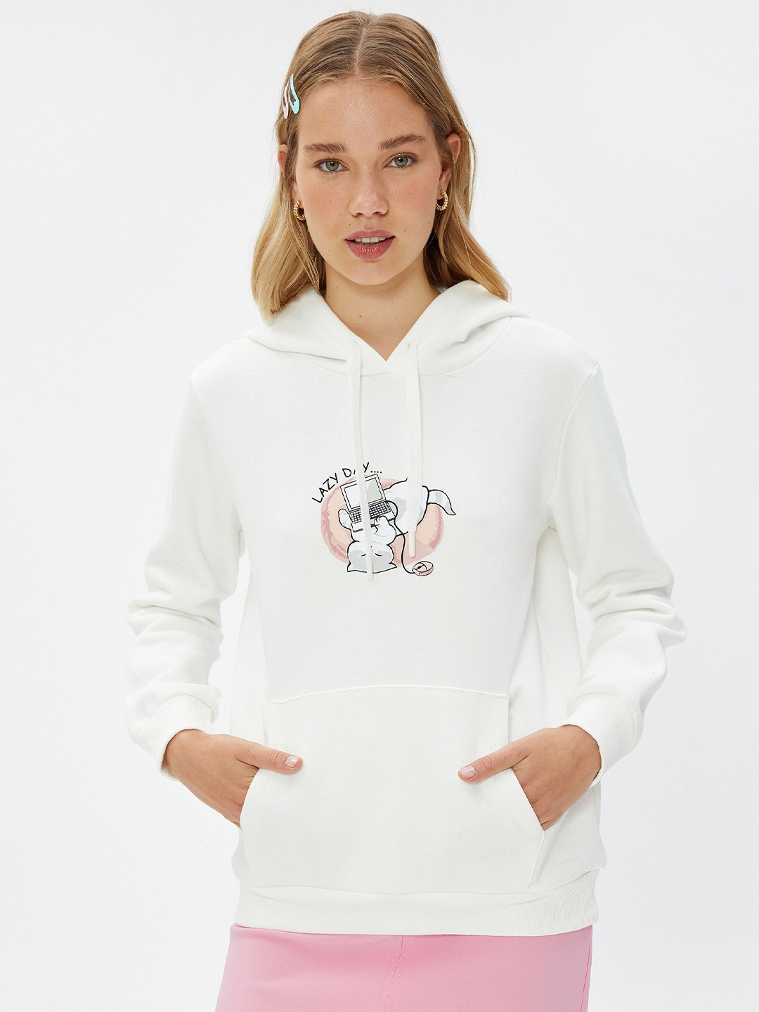 

Koton Graphic Printed Hooded Pullover, White