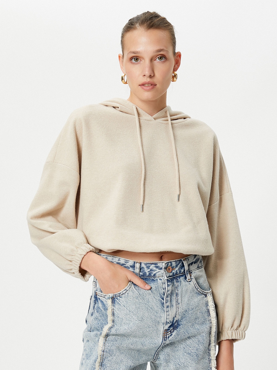 

Koton Hooded Cotton Pullover Crop Sweatshirt, Beige