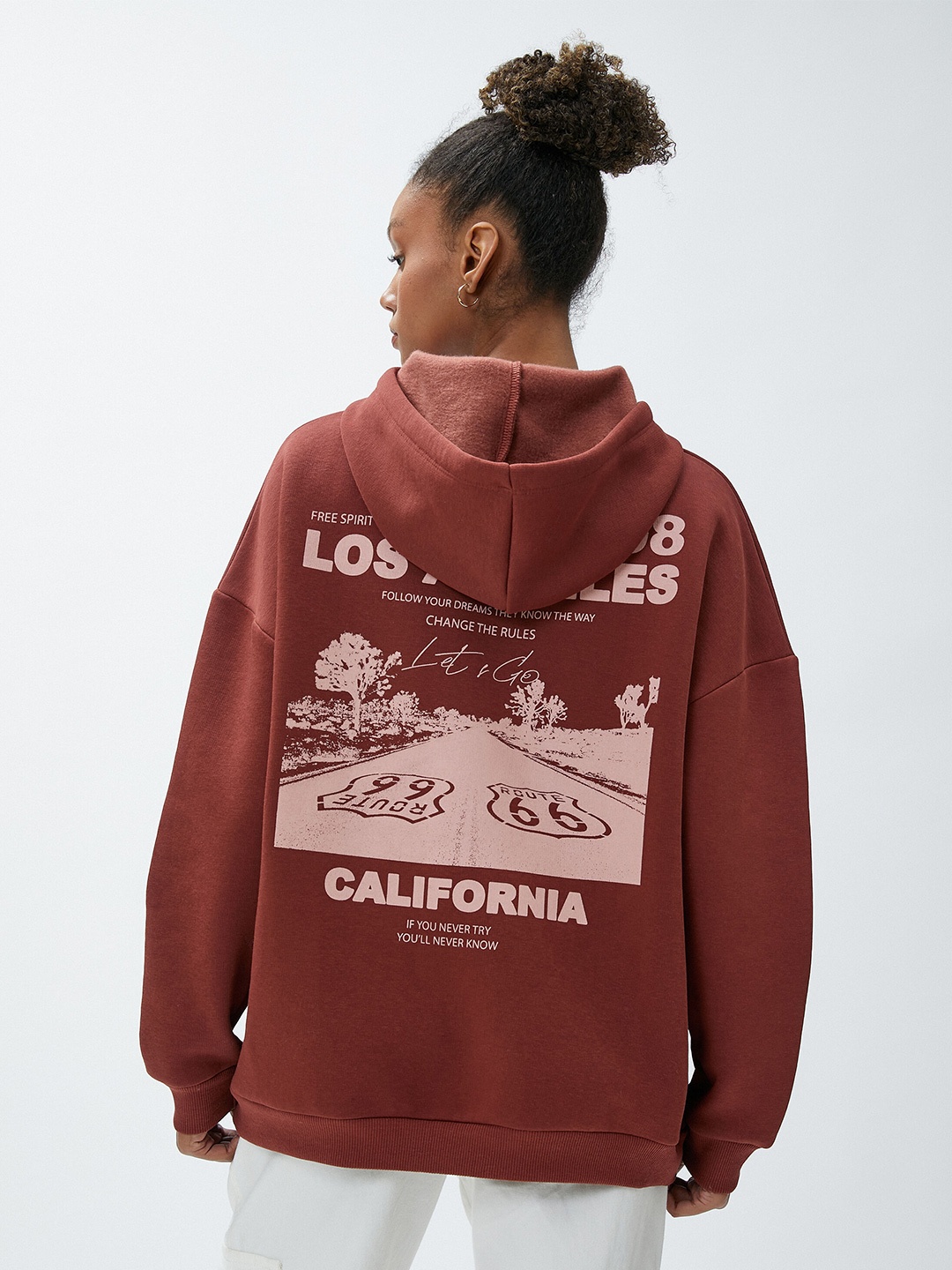 

Koton Graphic Printed Hooded Pullover Sweatshirt, Camel brown
