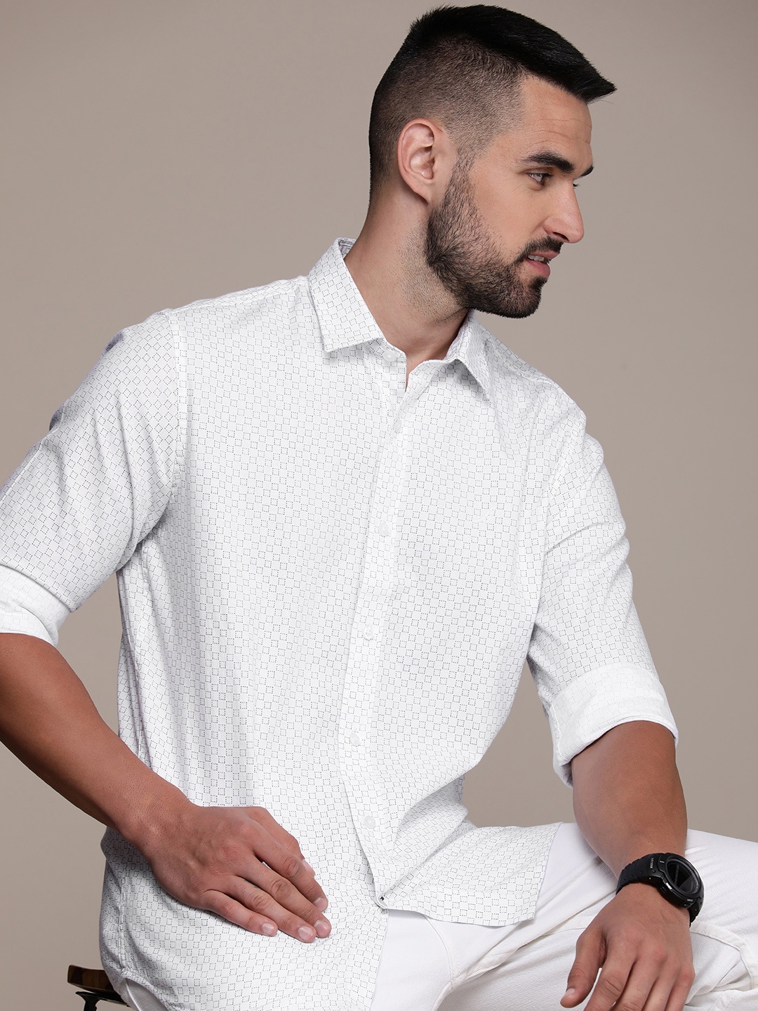

Nautica Pure Cotton Classic Fit Opaque Printed Casual Shirt, White