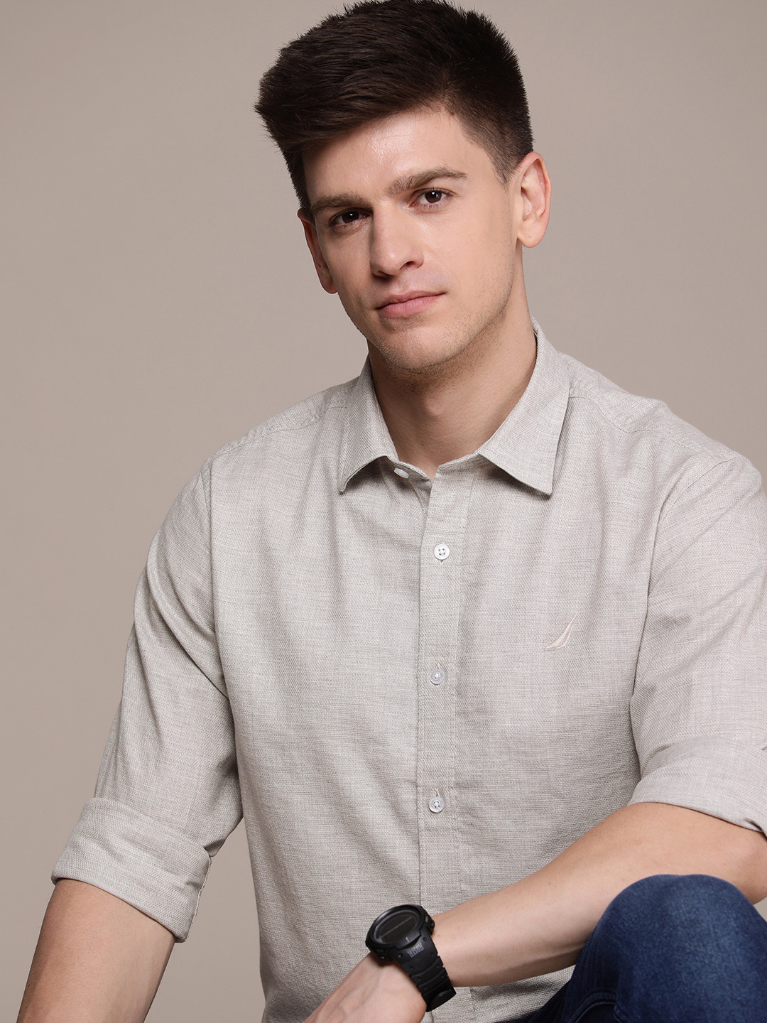 

Nautica Men Pure Cotton Classic Fit Casual Shirt, Taupe