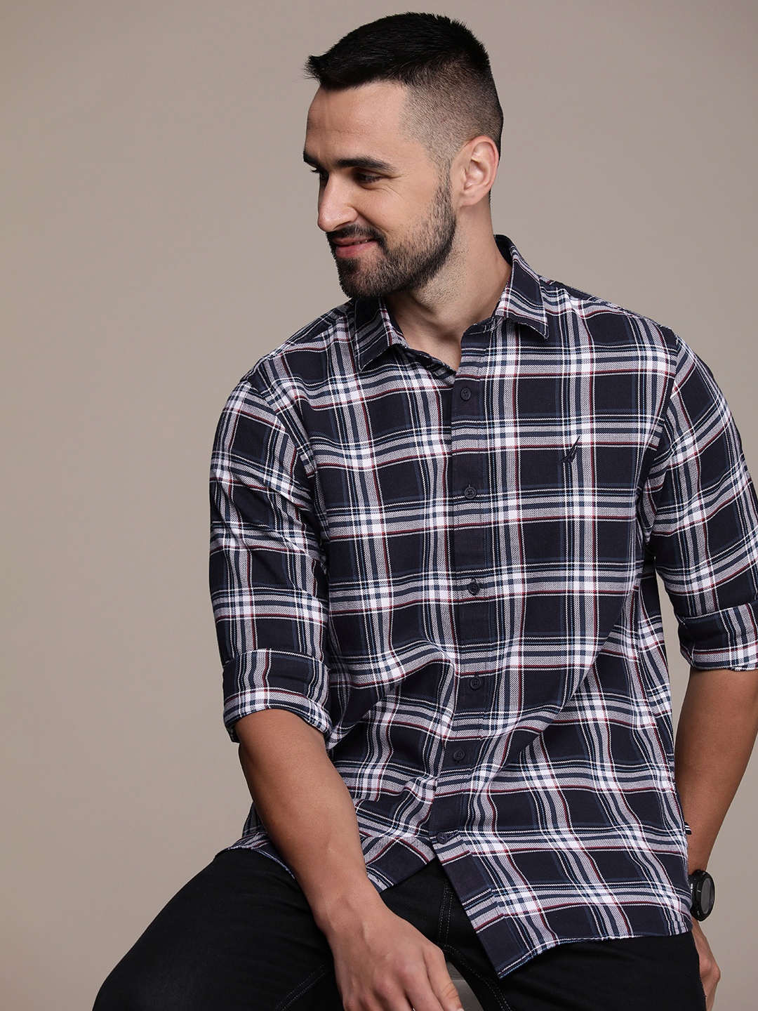 

Nautica Pure Cotton Classic Checked Casual Shirt, Navy blue