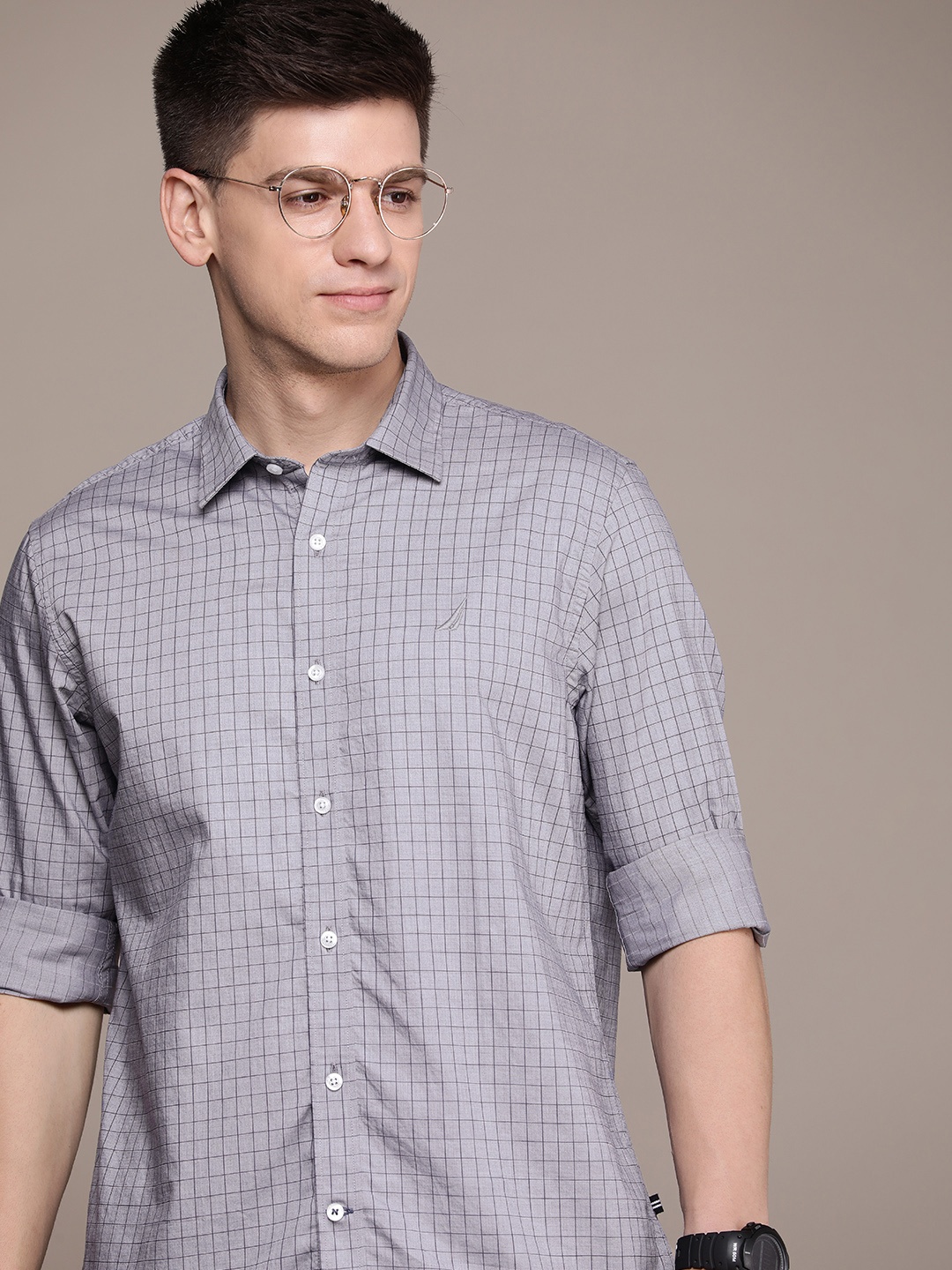 

Nautica Men Pure Cotton Classic Fit Checked Casual Shirt, Grey