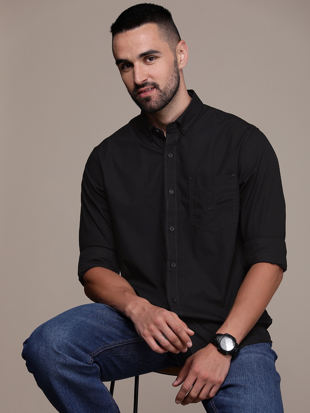 

Nautica Pure Cotton Classic Fit Opaque Casual Shirt, Black