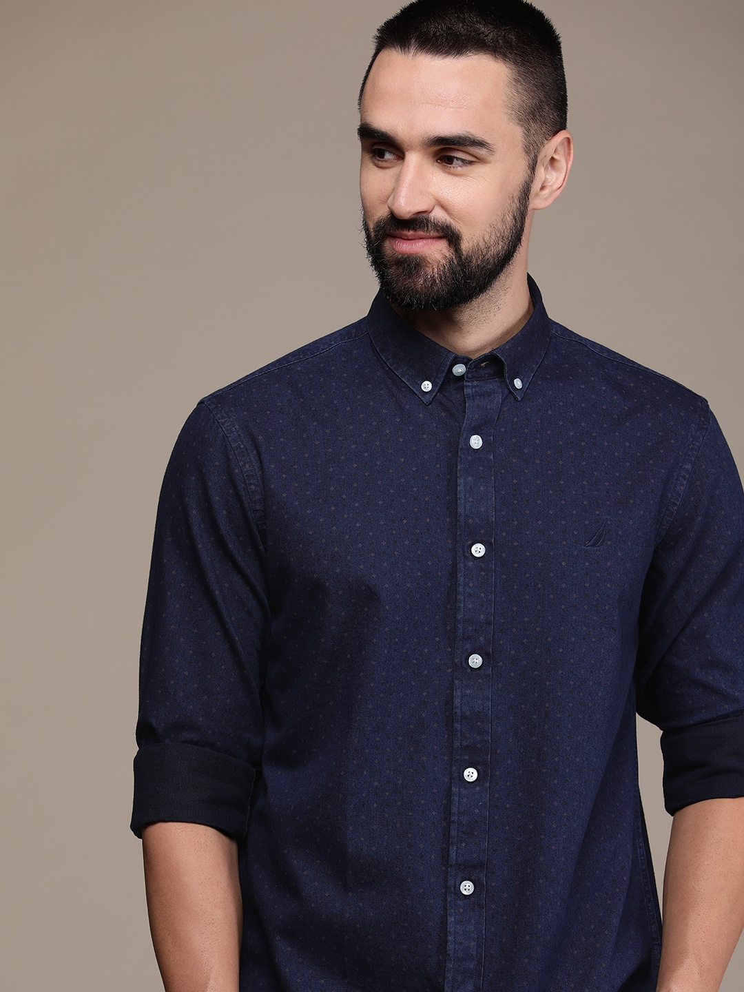 

Nautica Slim Fit Geometric Printed Pure Cotton Casual Shirt, Navy blue
