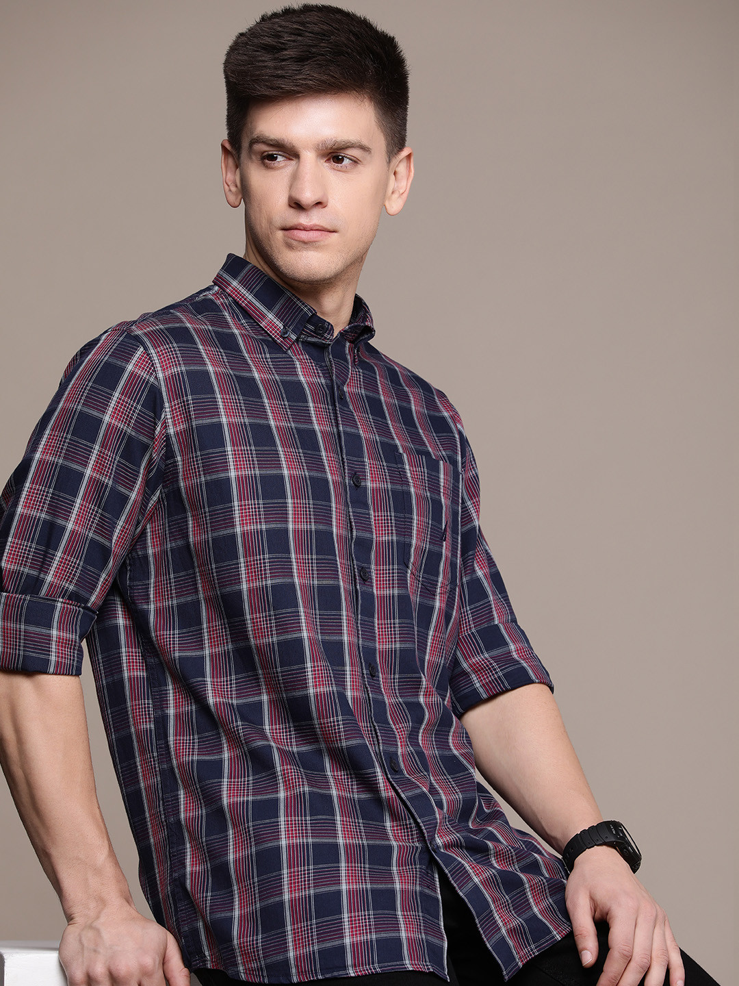 

Nautica Pure Cotton Classic Fit Checked Casual Shirt, Navy blue