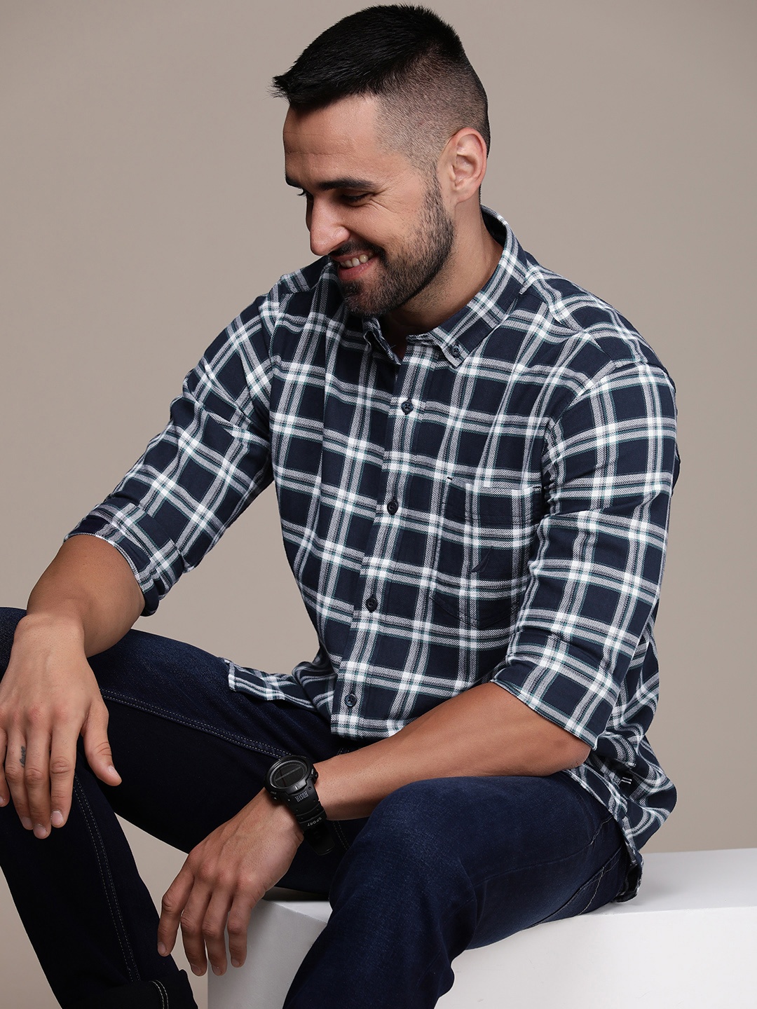 

Nautica Pure Cotton Classic Checked Casual Shirt, Navy blue