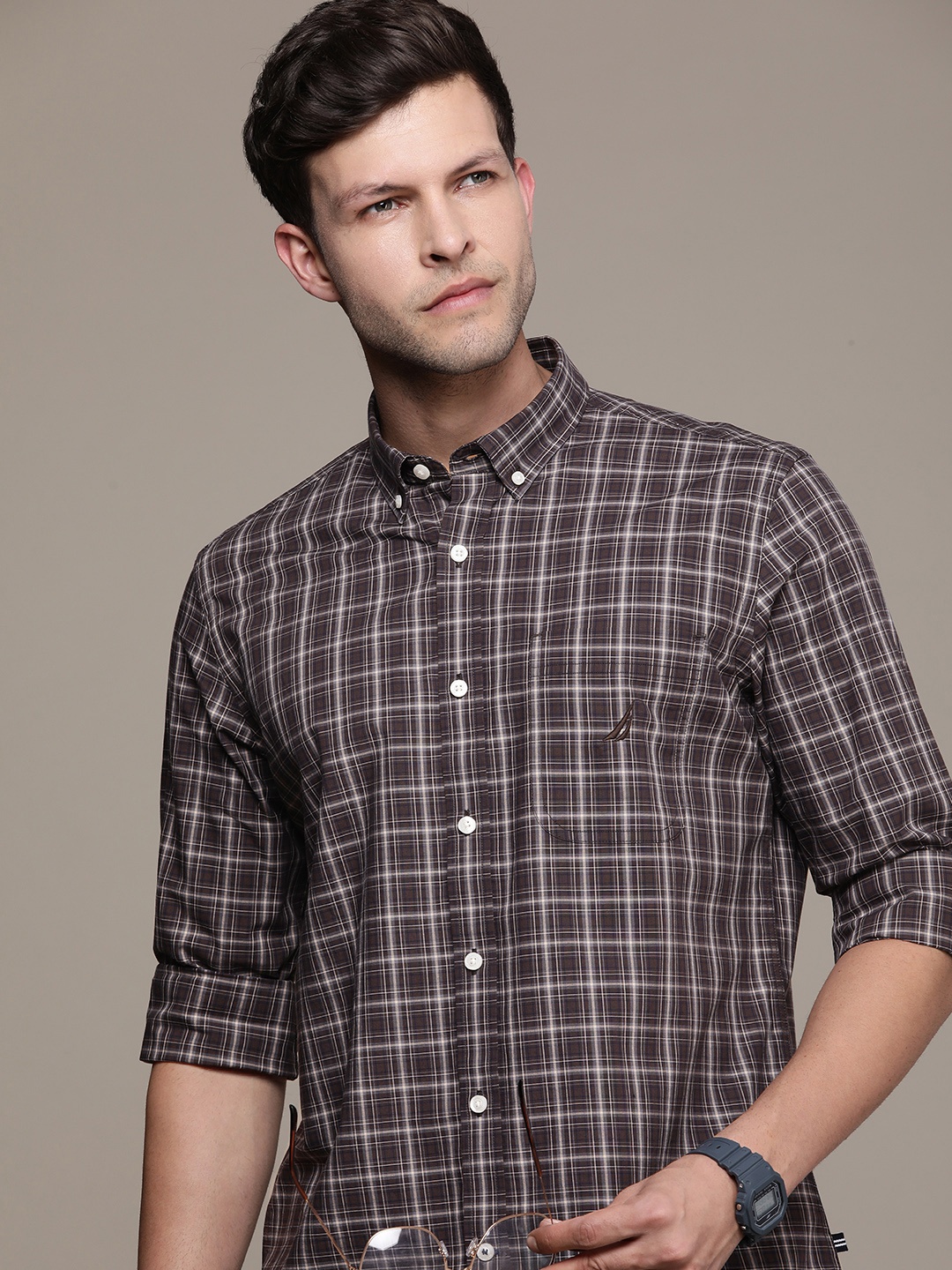 

Nautica Pure Cotton Classic Opaque Checked Casual Shirt, Brown