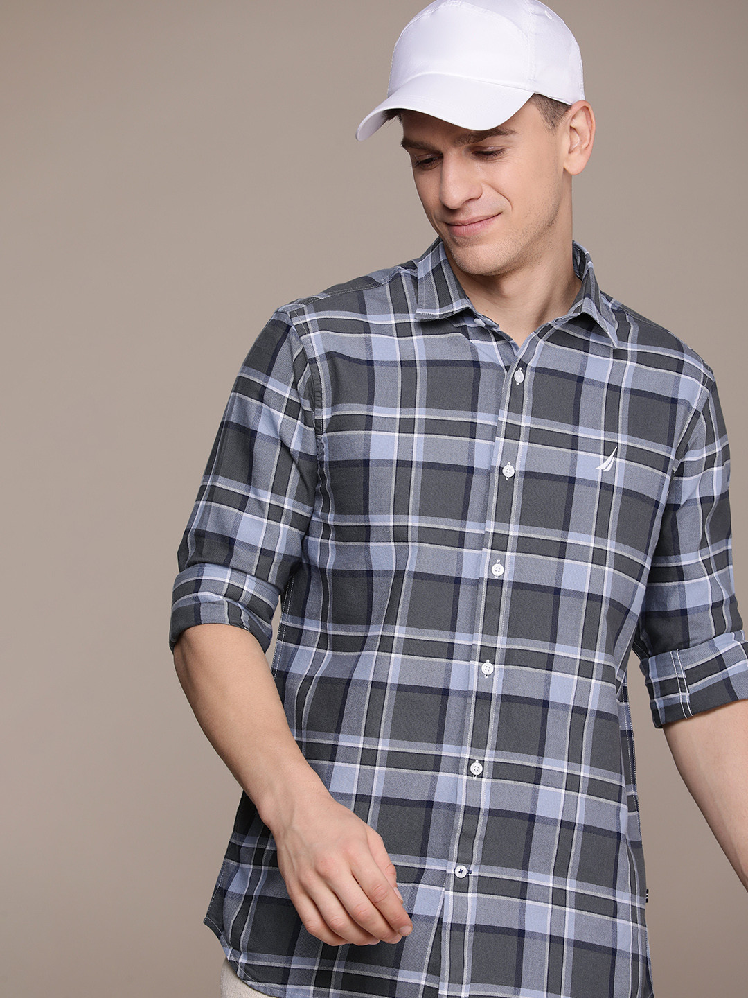 

Nautica Pure Cotton Classic Fit Checked Casual Shirt, Grey