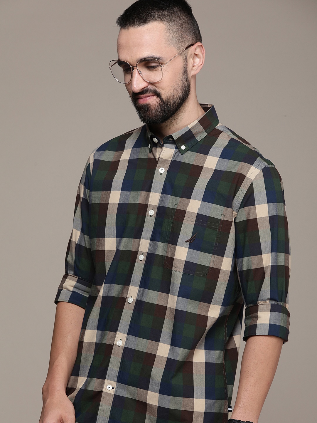 

Nautica Pure Cotton Classic Opaque Checked Casual Shirt, Green