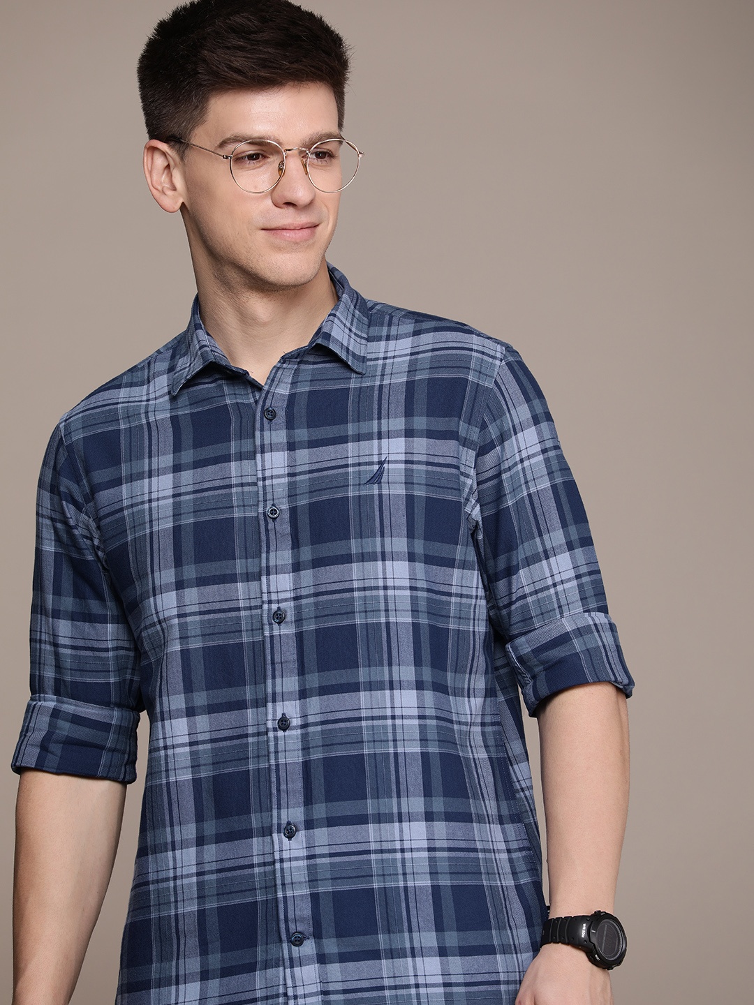 

Nautica Pure Cotton Classic Fit Checked Casual Shirt, Blue