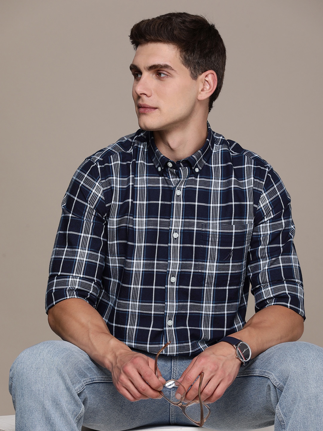 

Nautica Pure Cotton Classic Checked Casual Shirt, Navy blue