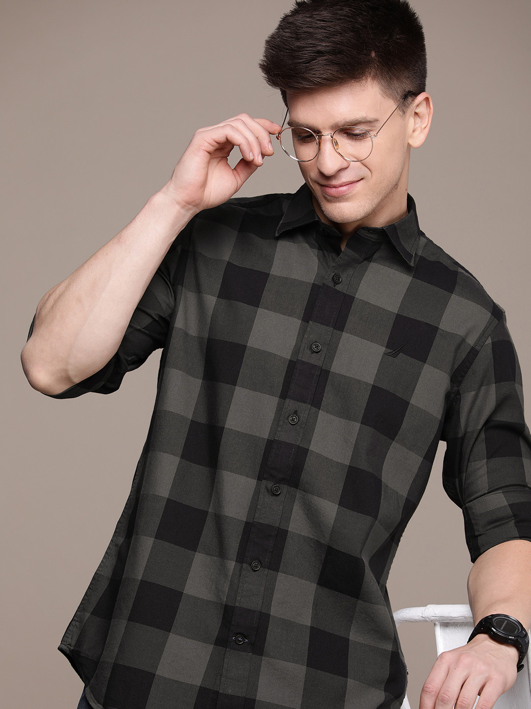 

Nautica Men Pure Cotton Classic Fit Checked Casual Shirt, Black