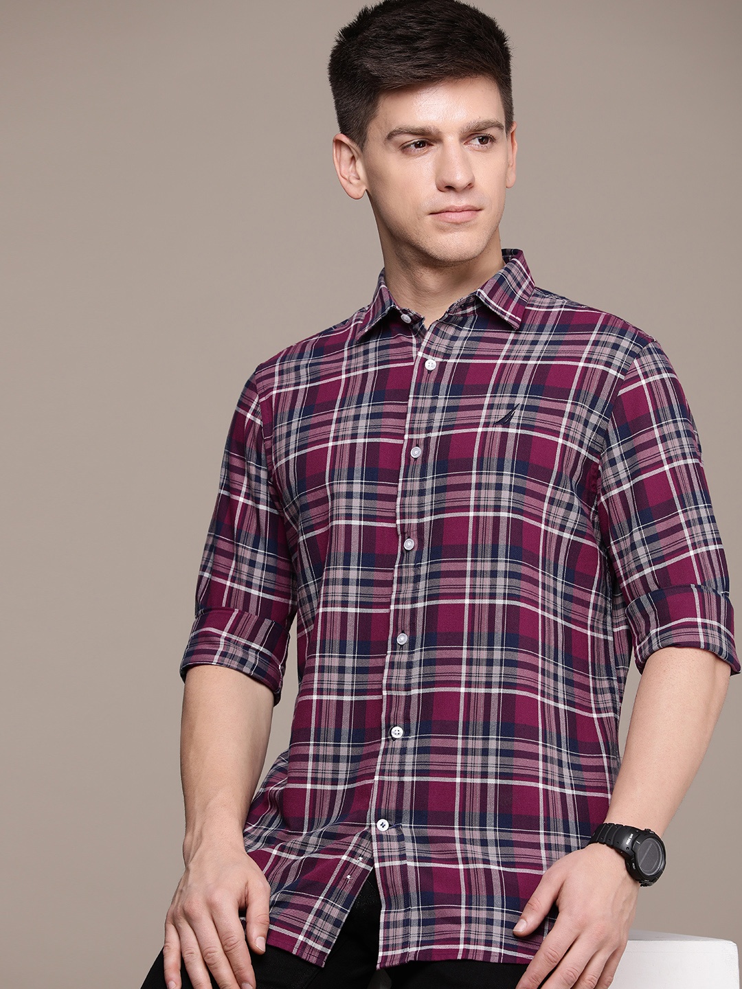 

Nautica Pure Cotton Classic Fit Checked Casual Shirt, Maroon