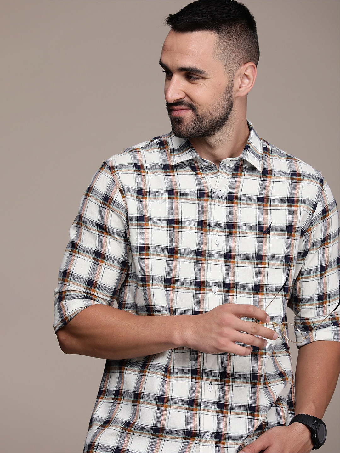 

Nautica Pure Cotton Classic Checked Casual Shirt, Cream