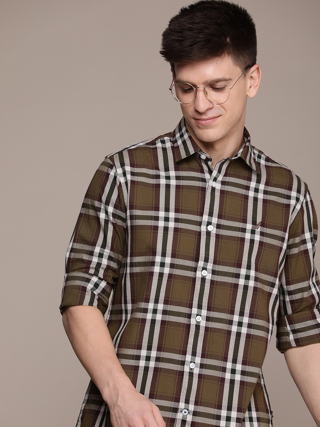 

Nautica Pure Cotton Classic Fit Checked Casual Shirt, Brown