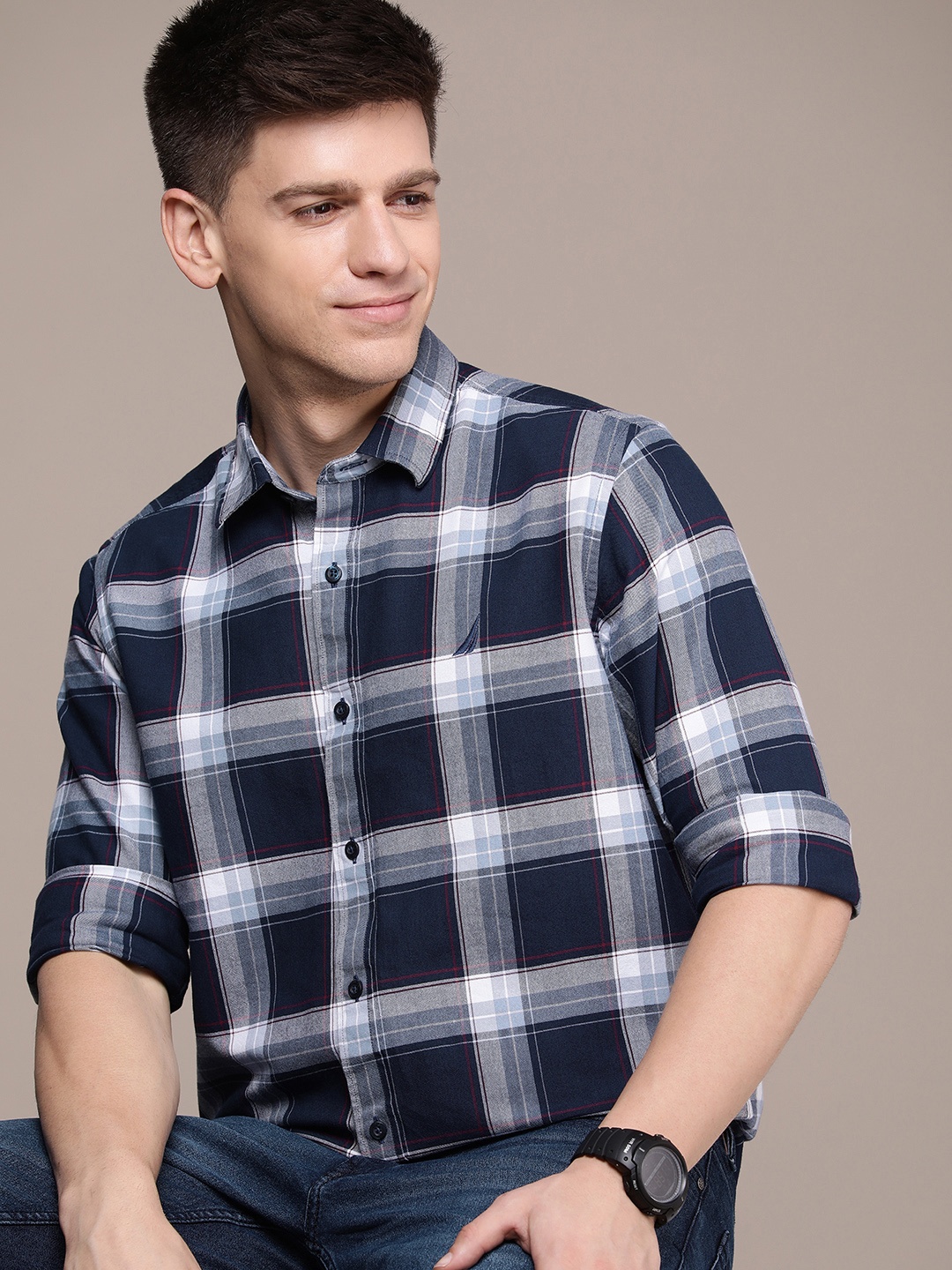 

Nautica Pure Cotton Classic Fit Checked Casual Shirt, Navy blue