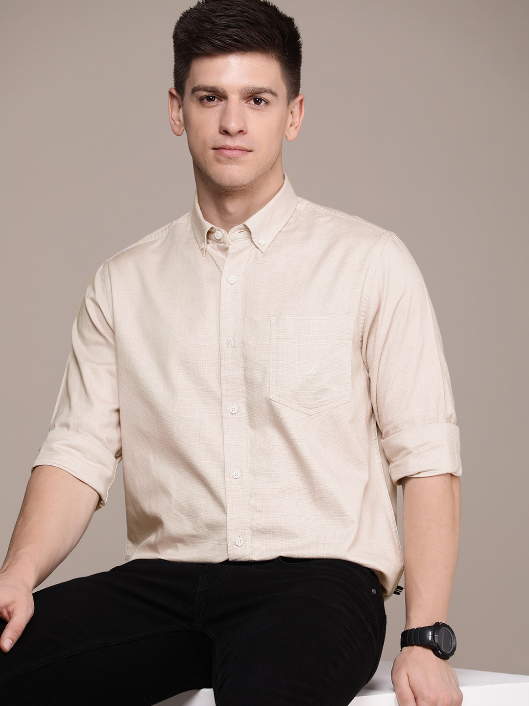 

Nautica Men Pure Cotton Classic Fit Checked Casual Shirt, Cream