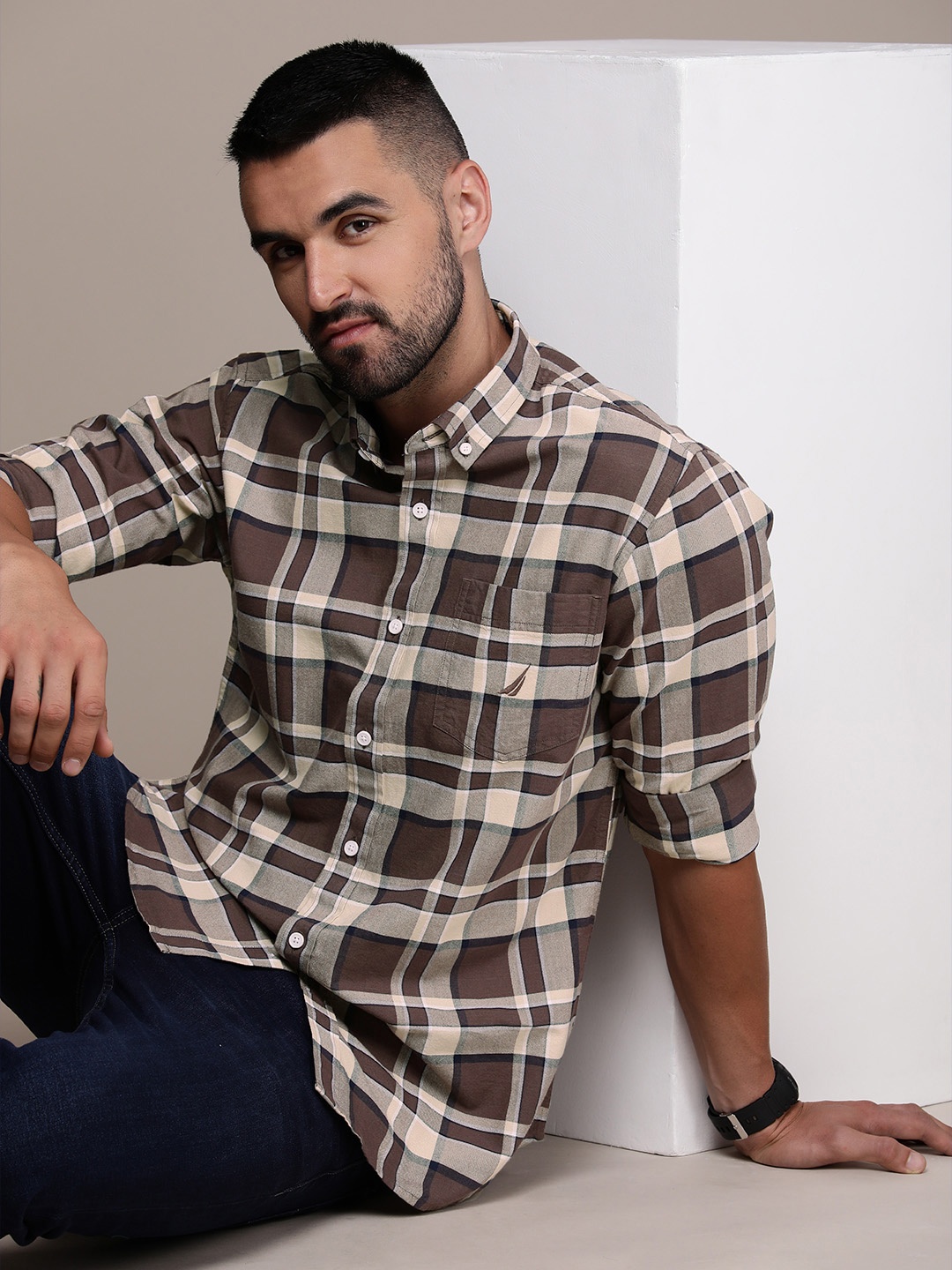 

Nautica Pure Cotton Classic Tartan Checked Casual Shirt, Brown