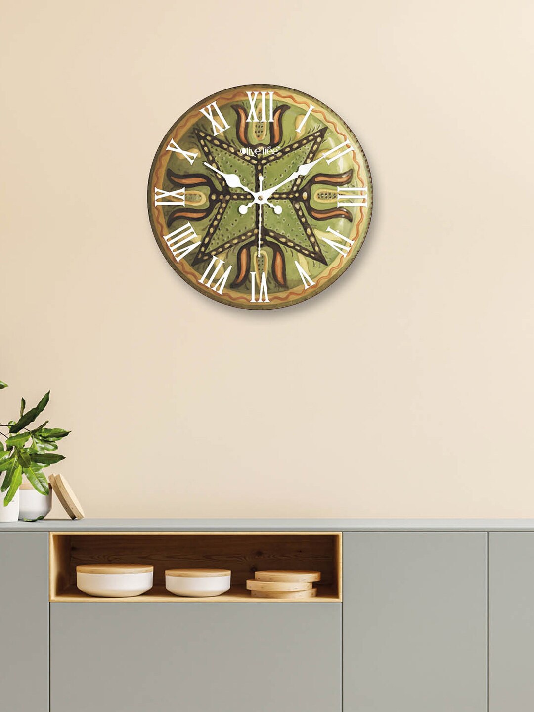 

OLIVE TREE Green & White Printed Vintage Analogue Round Wooden Wall Clock