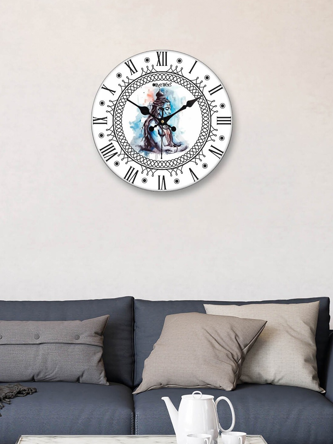 

OLIVE TREE White & Blue Printed Contemporary Analogue Wooden Round Wall Clock