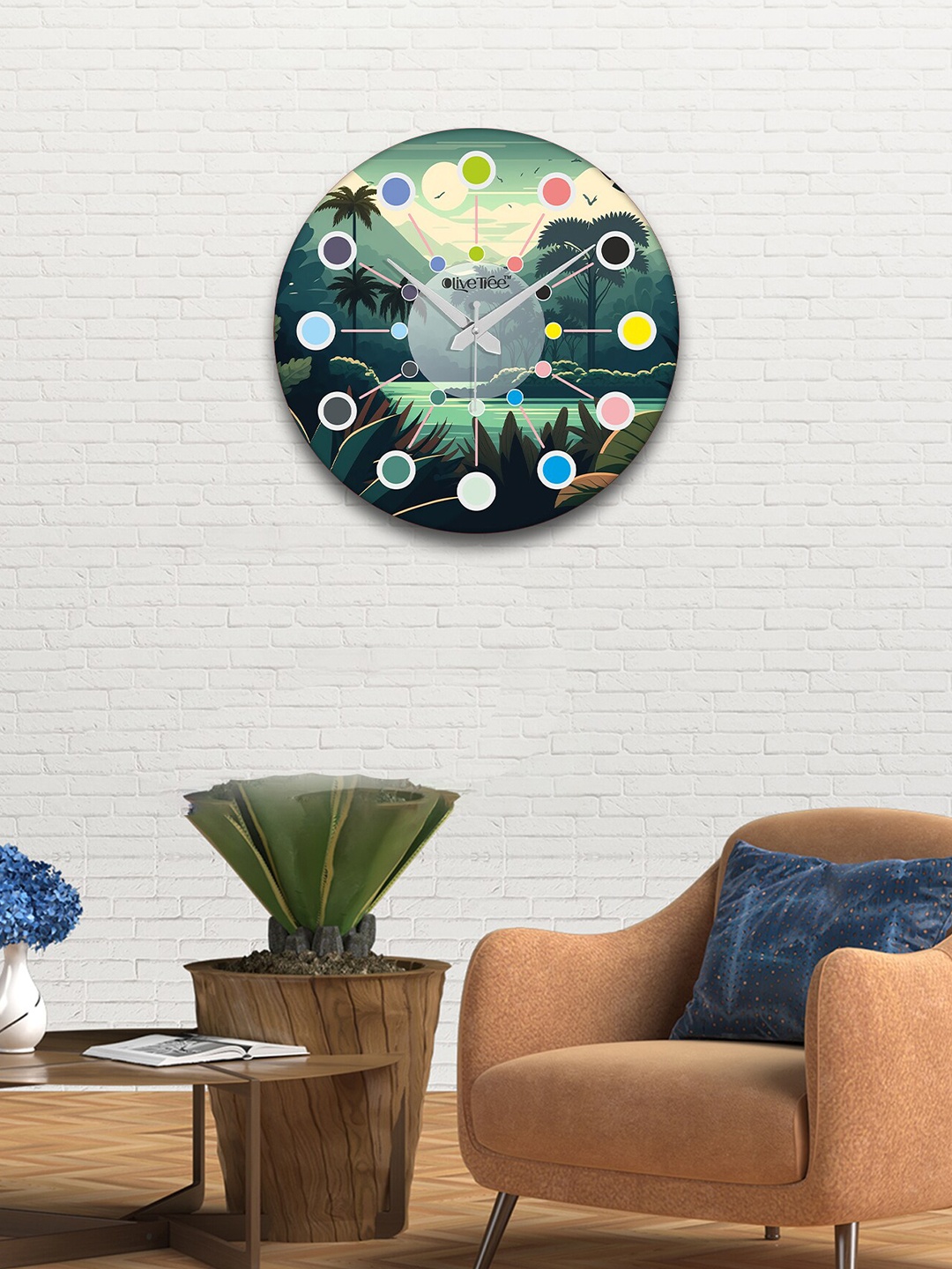 

OLIVE TREE Green & Yellow Printed Contemporary Analogue Wooden Round Wall Clock