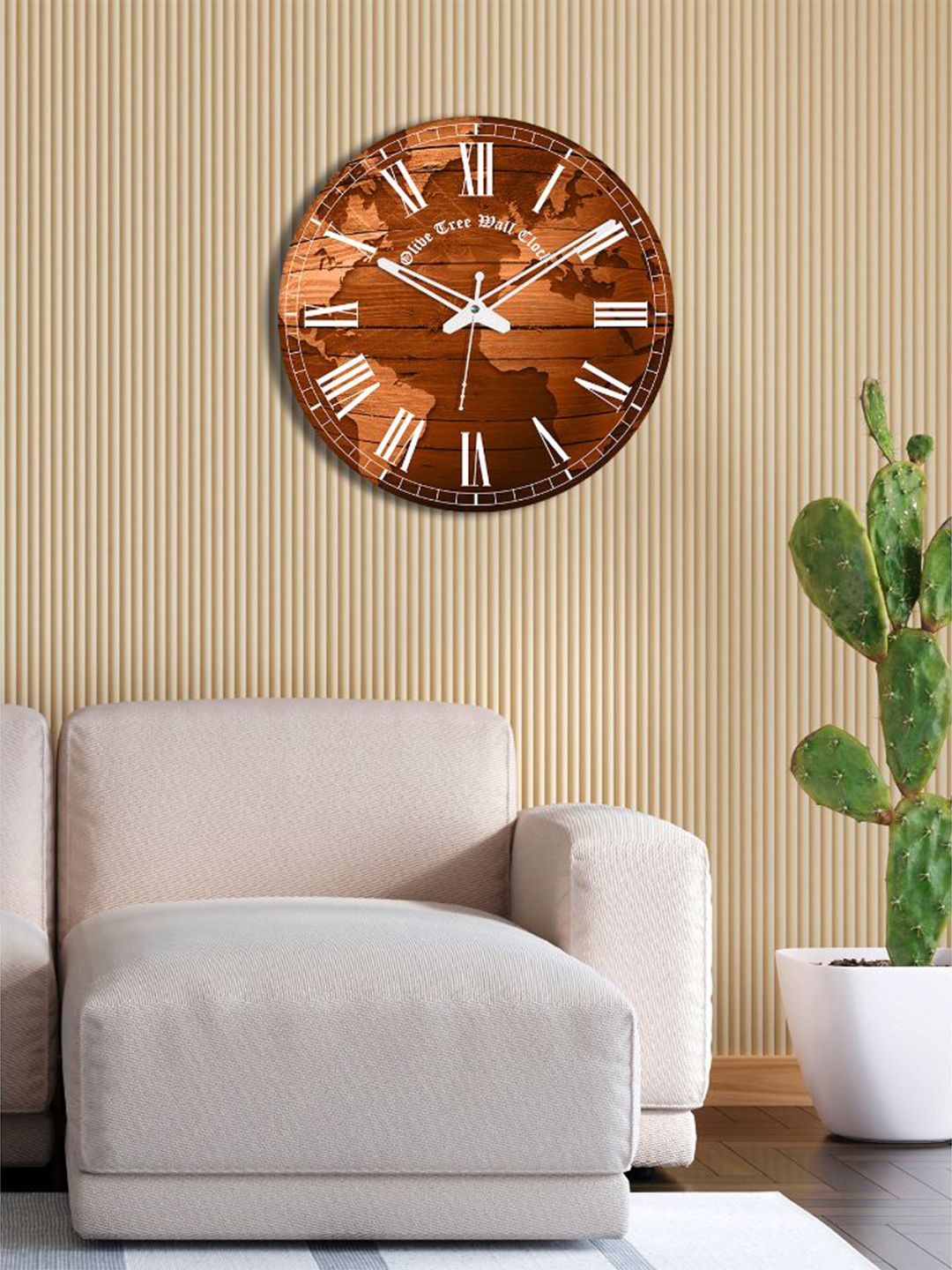 

OLIVE TREE Brown & White Printed Contemporary MDF Wooden Analogue Wall Clock