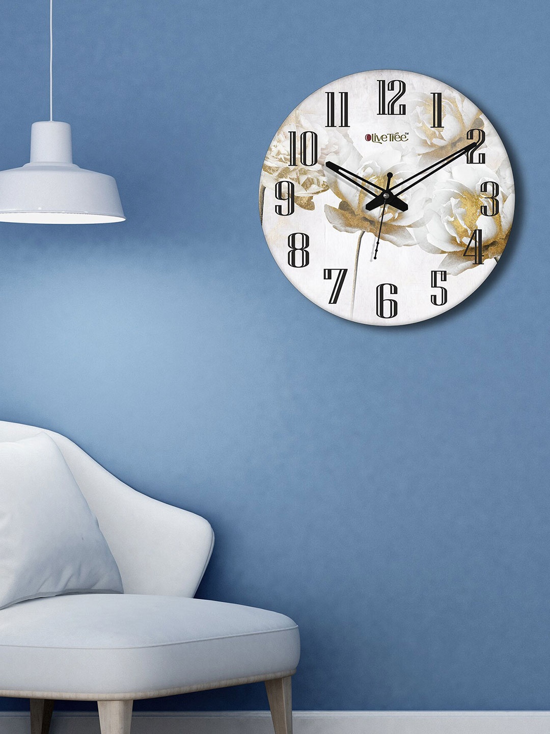 

OLIVE TREE White & Gold-Toned Printed Contemporary Analogue Wooden Round Wall Clock