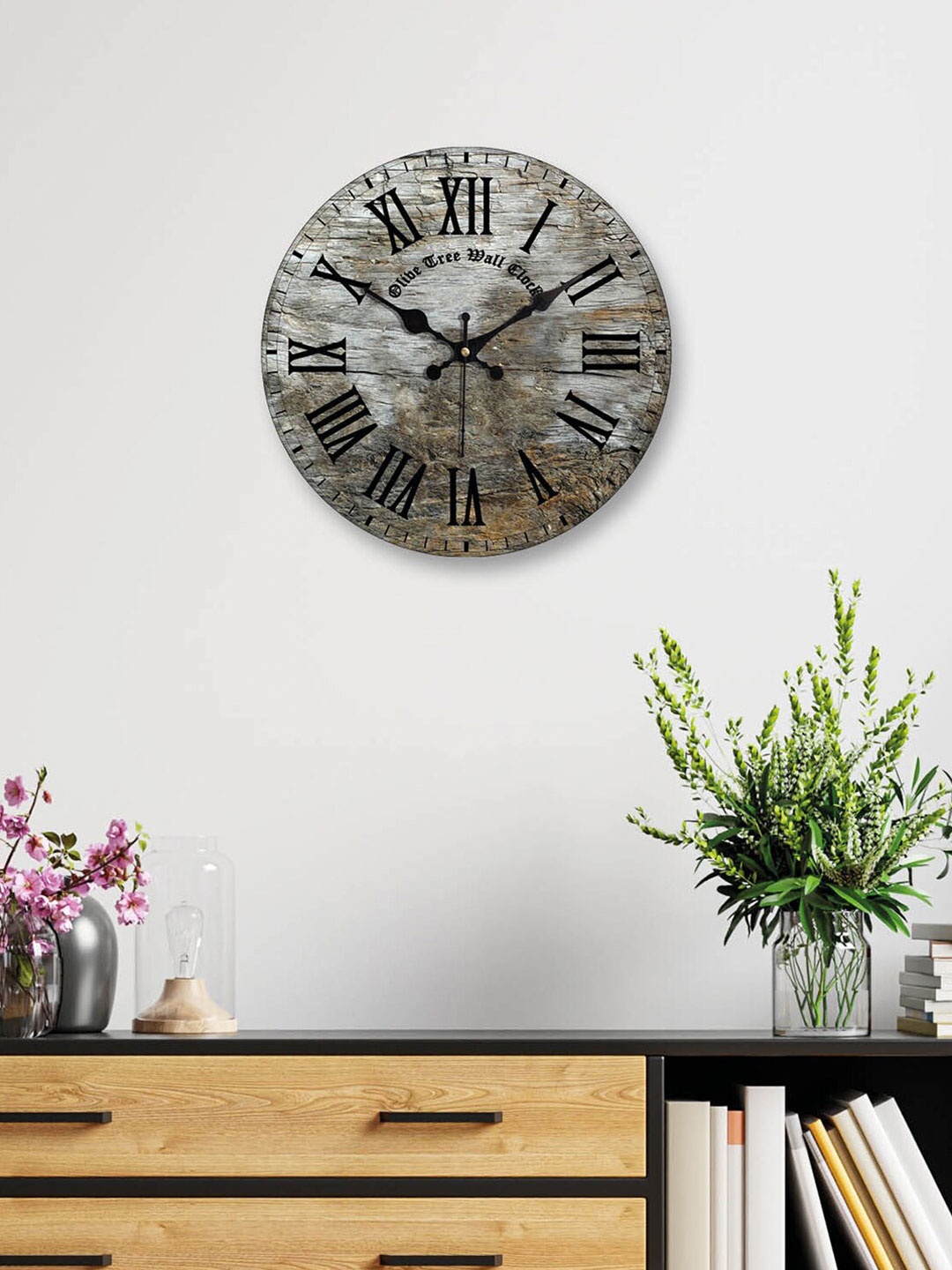 

OLIVE TREE Grey & Black Printed Contemporary Analogue Wooden Round Wall Clock