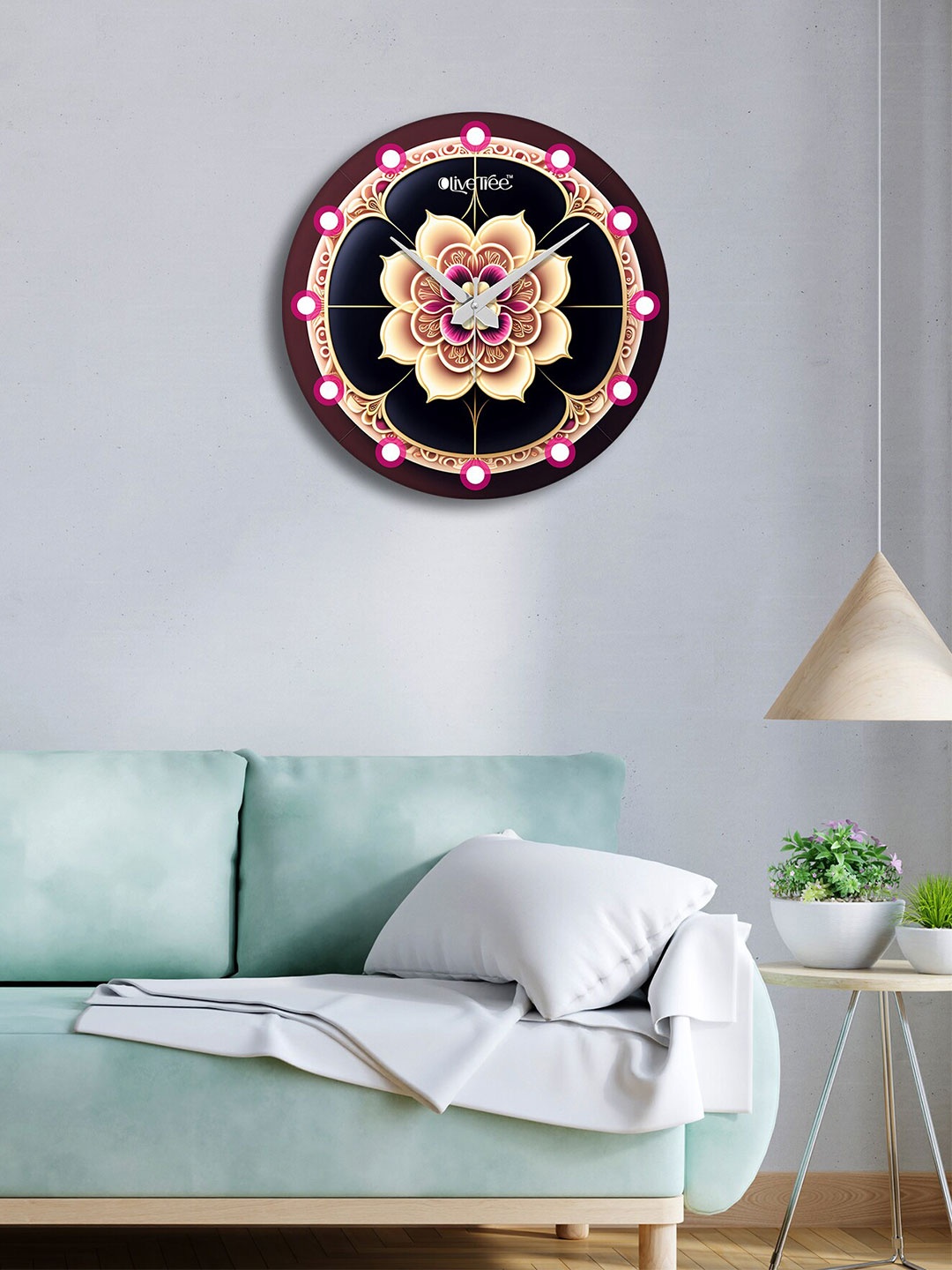 

OLIVE TREE Black & Pink Printed Contemporary Analogue Wooden Round Wall Clock