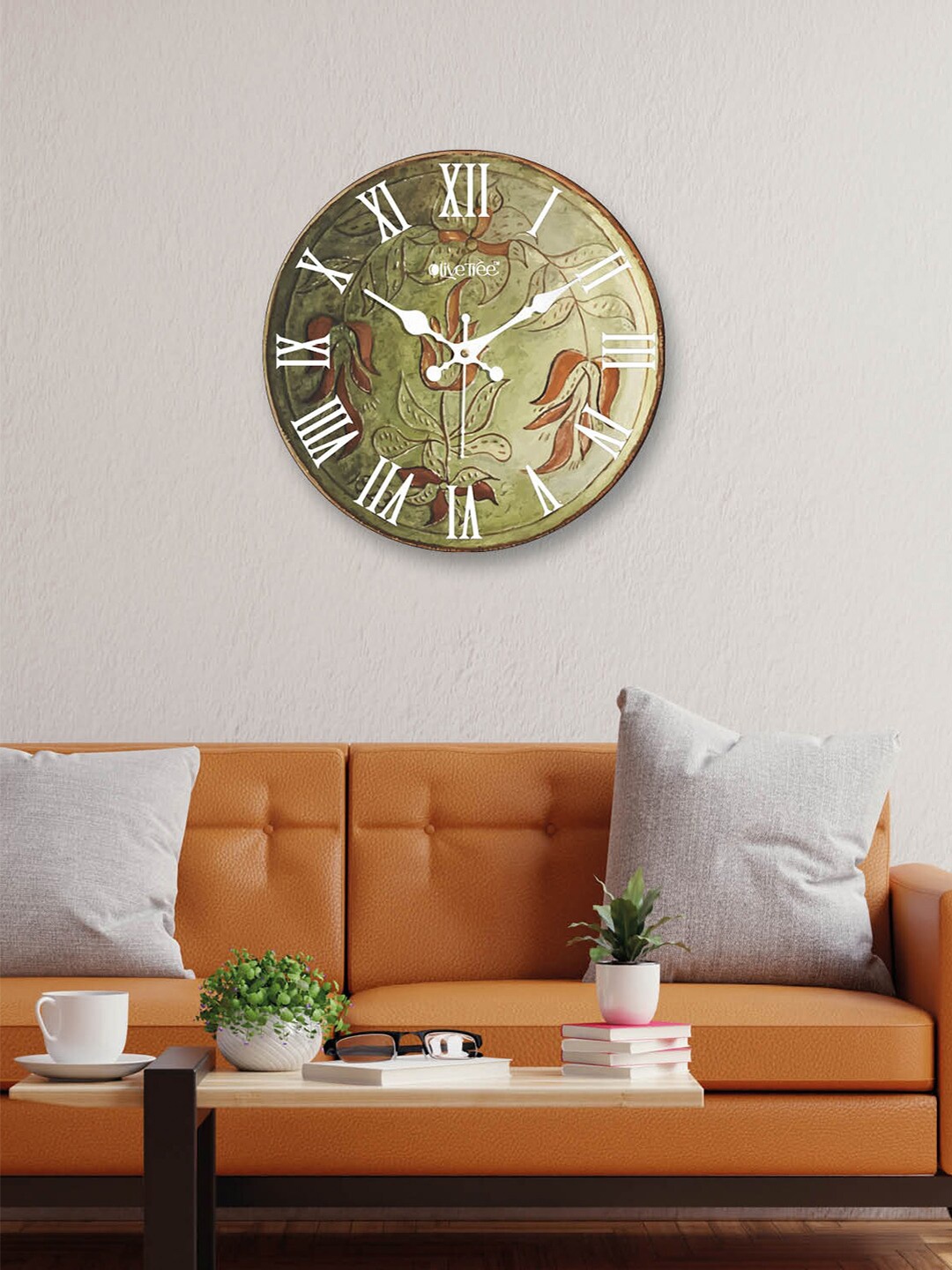 

OLIVE TREE Green & Red Printed Contemporary Analogue Wooden Round Wall Clock