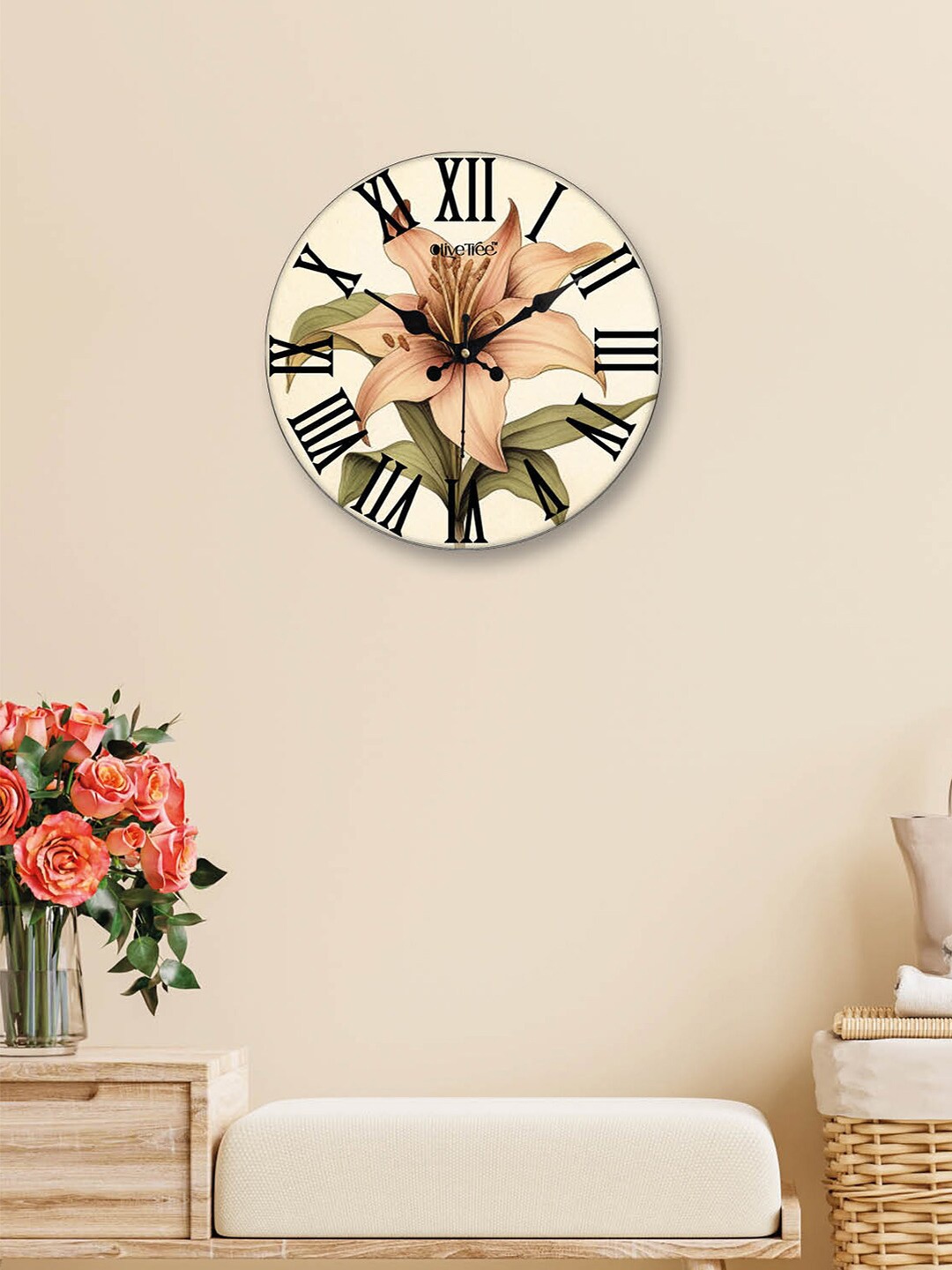 

OLIVE TREE Green & Peach-Coloured Printed Round Shape Contemporary Analogue Wall Clock