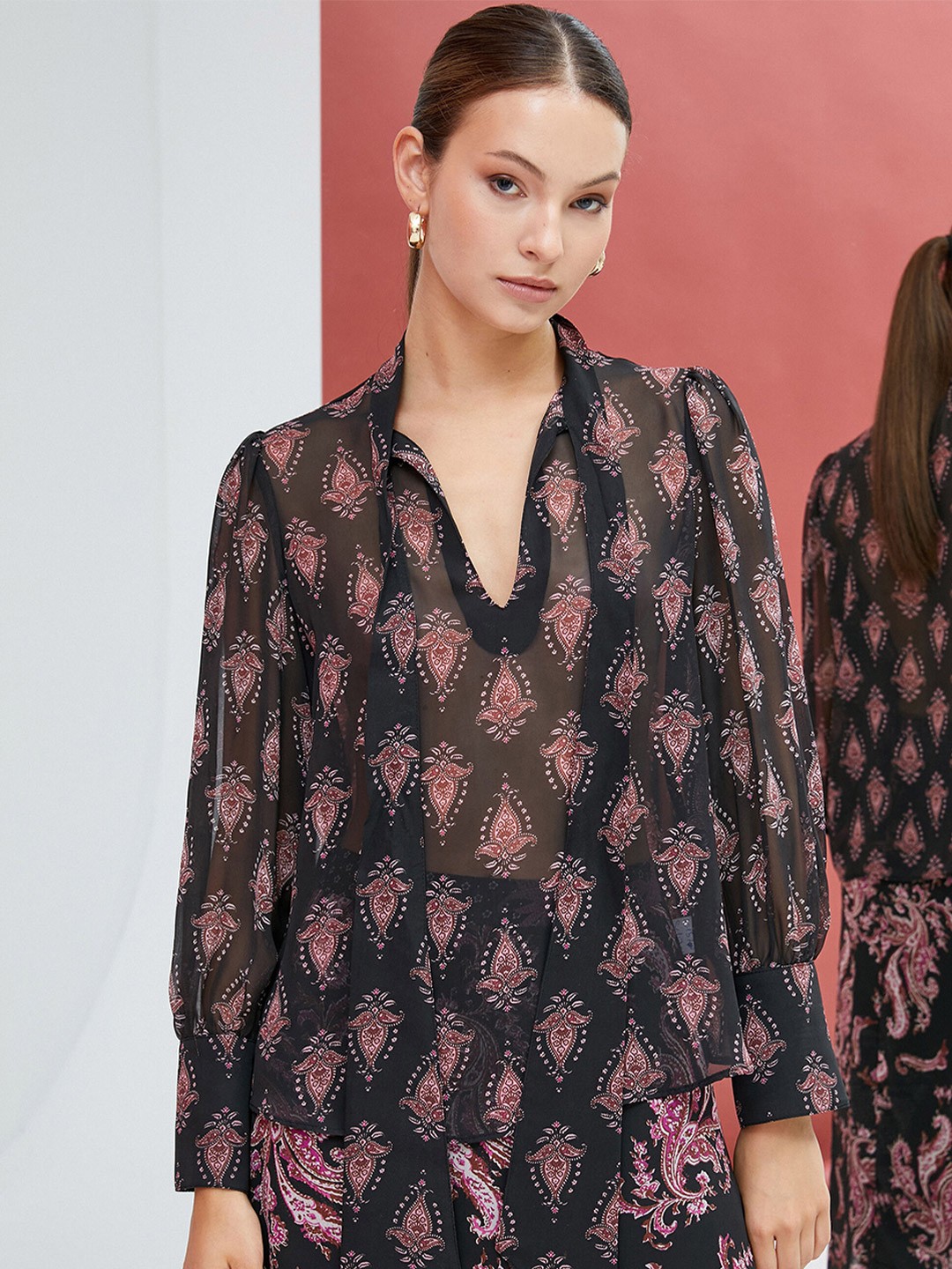 

Koton Ethnic Motifs Printed Tie-Up Neck Cuffed Sleeves Sheer Top, Black