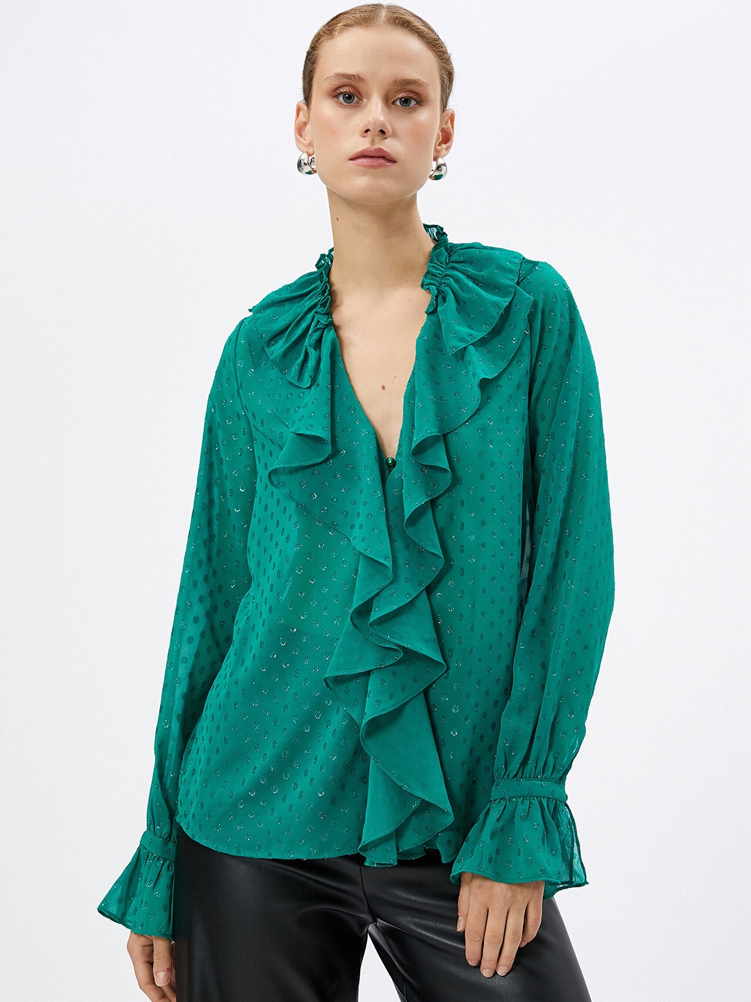 

Koton Self Design Ruffled Semi Sheer Shirt Style Top, Green