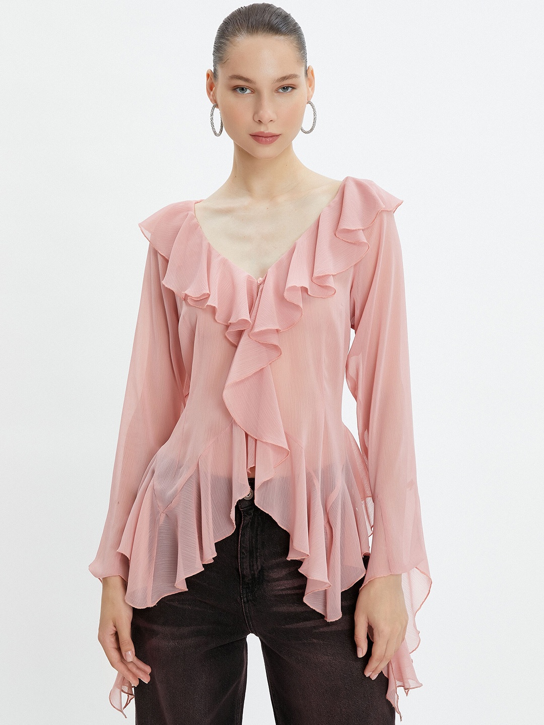 

Koton V-Neck Ruffles Detail Longline Top, Pink