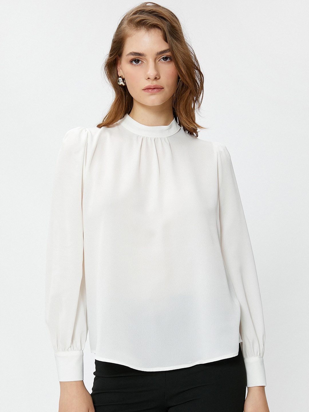 

Koton High Neck Gathered Cuffed Sleeves Regular Top, White