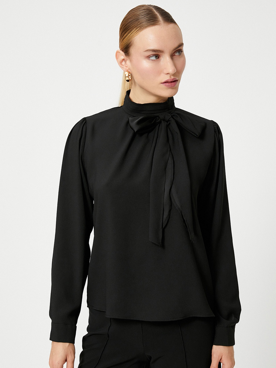 

Koton Tie-Up Neck Cuffed Sleeves Regular Top, Black