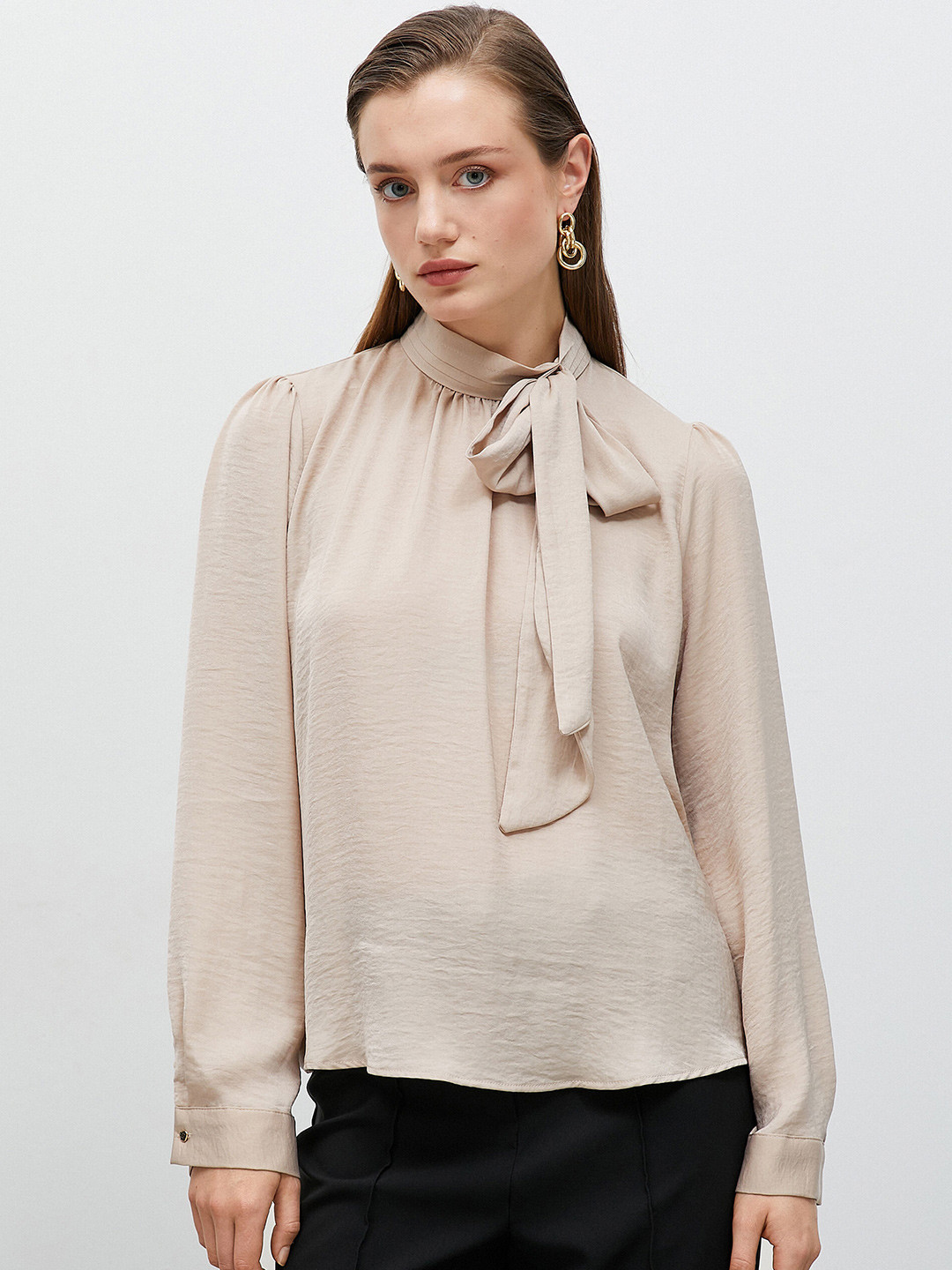 

Koton Tie-Up Neck Cuffed Sleeves Regular Top, Beige