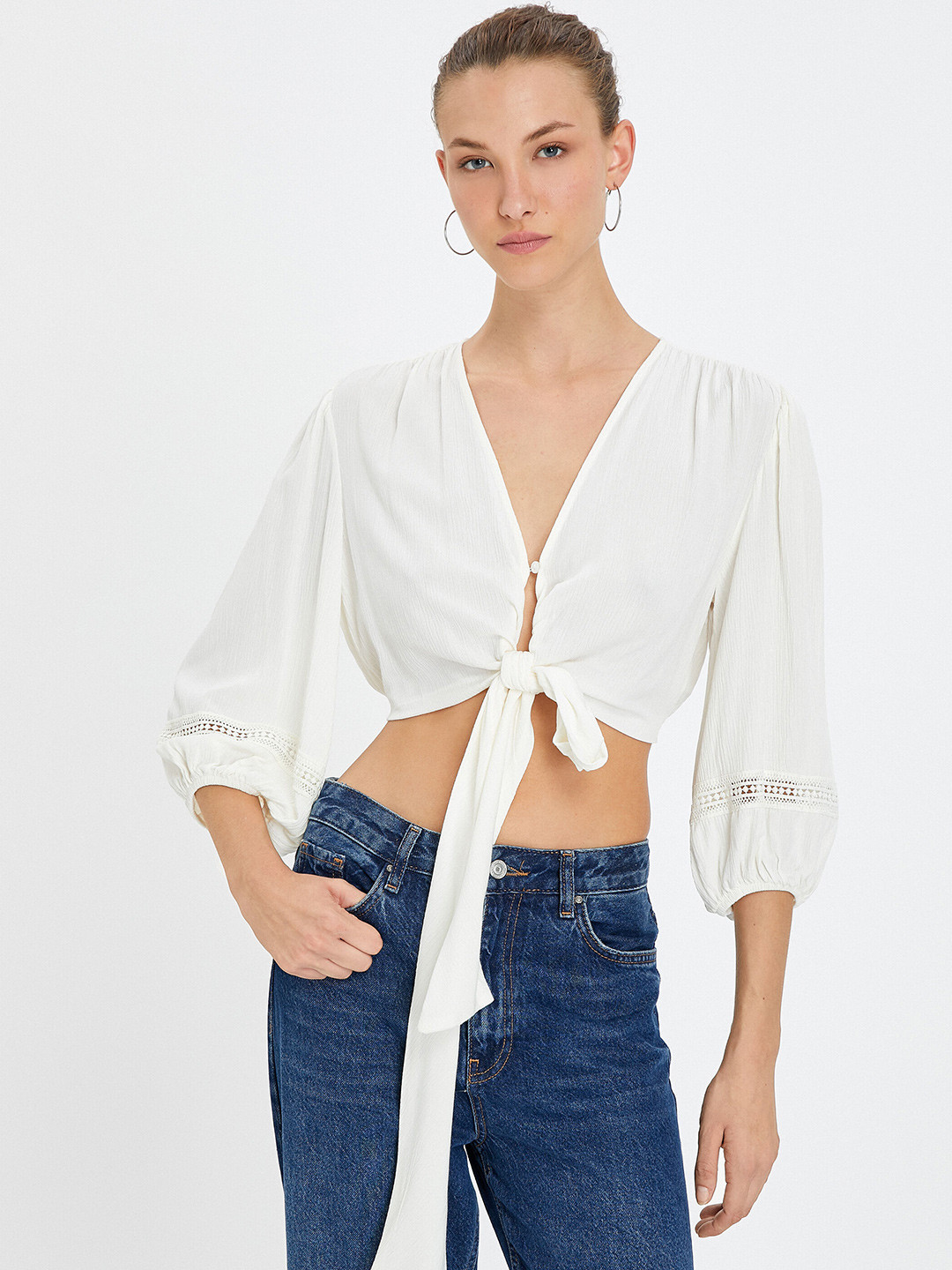 

Koton V- Neck Puff Sleeves Lace Inserts Wrap Crop Top, White