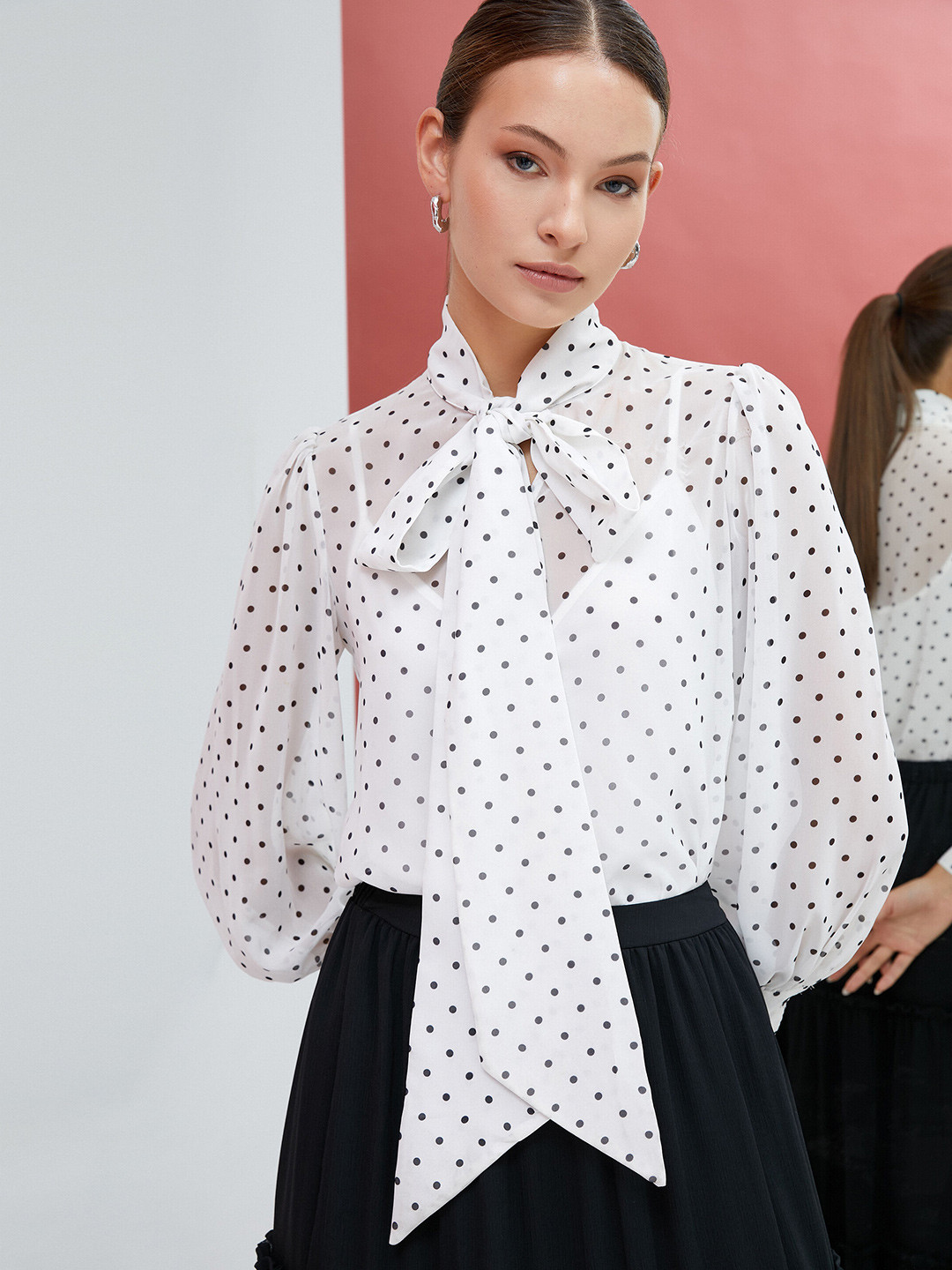 

Koton Polka Dots Printed Tie-Up Neck Puff Sleeves Regular Top, White