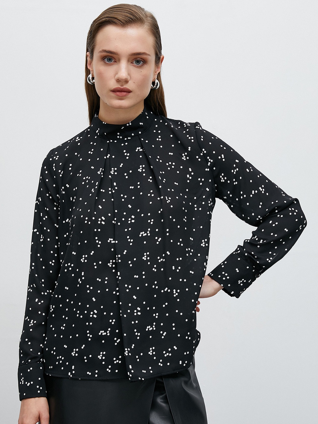 

Koton Polka Dots Printed High Neck Cuffed Sleeves Pleated Regular Top, Black