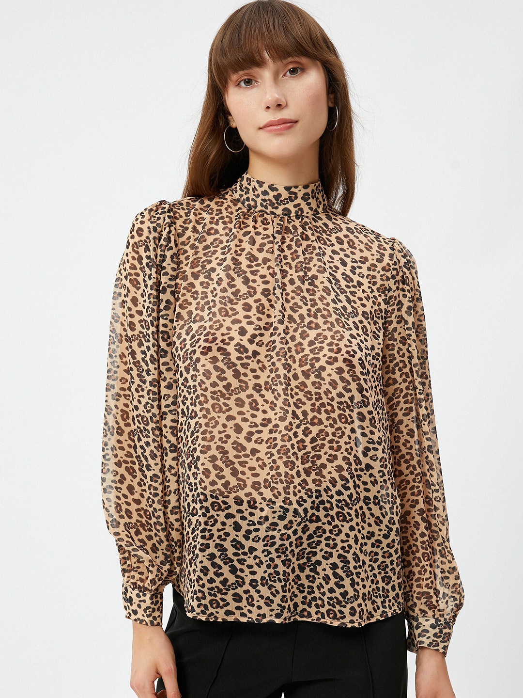 

Koton Animal Printed High Neck Cuffed Sleeves Pleated Regular Top, Beige