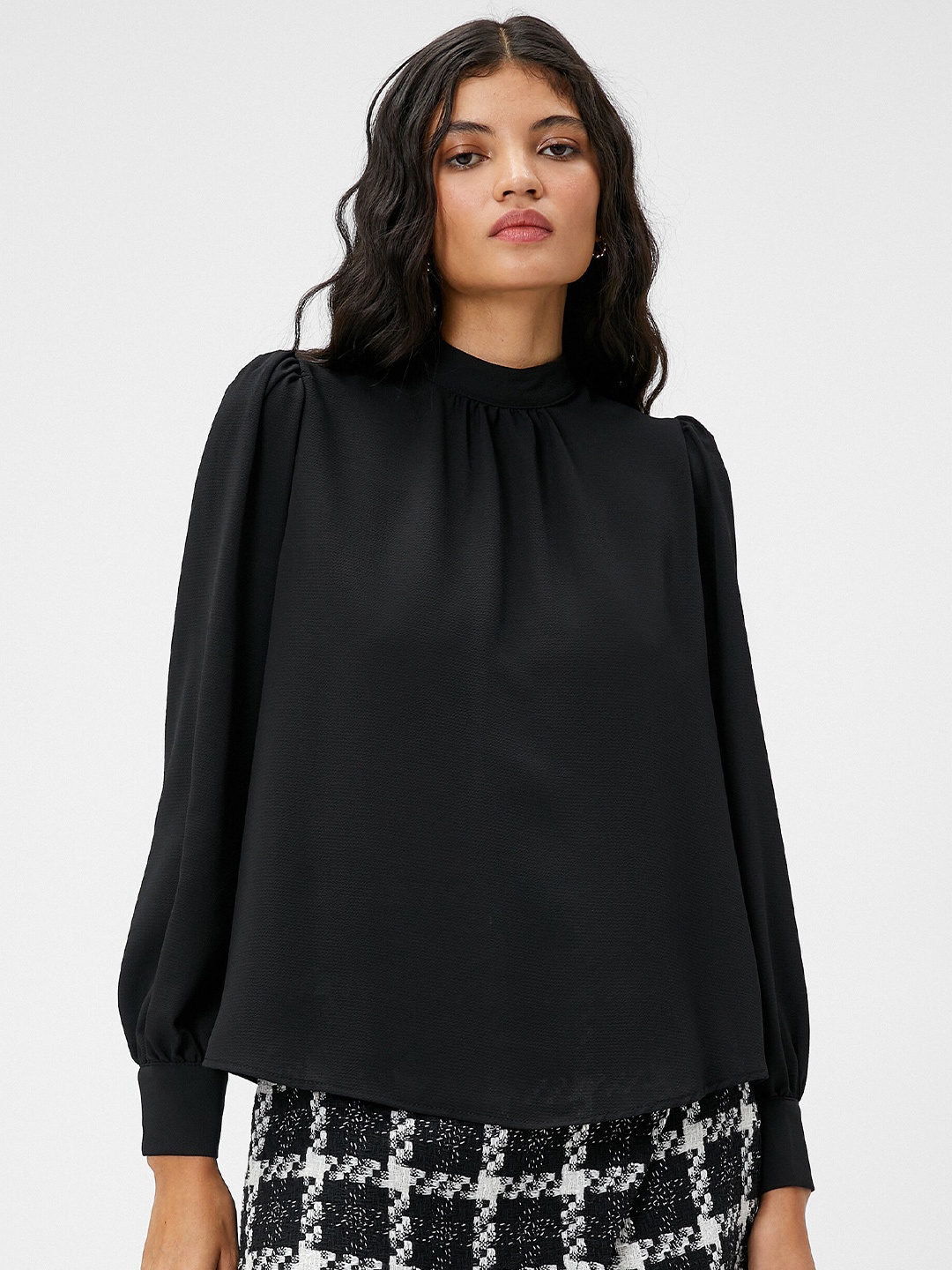 

Koton High Neck Cuffed Sleeves Gathered Regular Top, Black