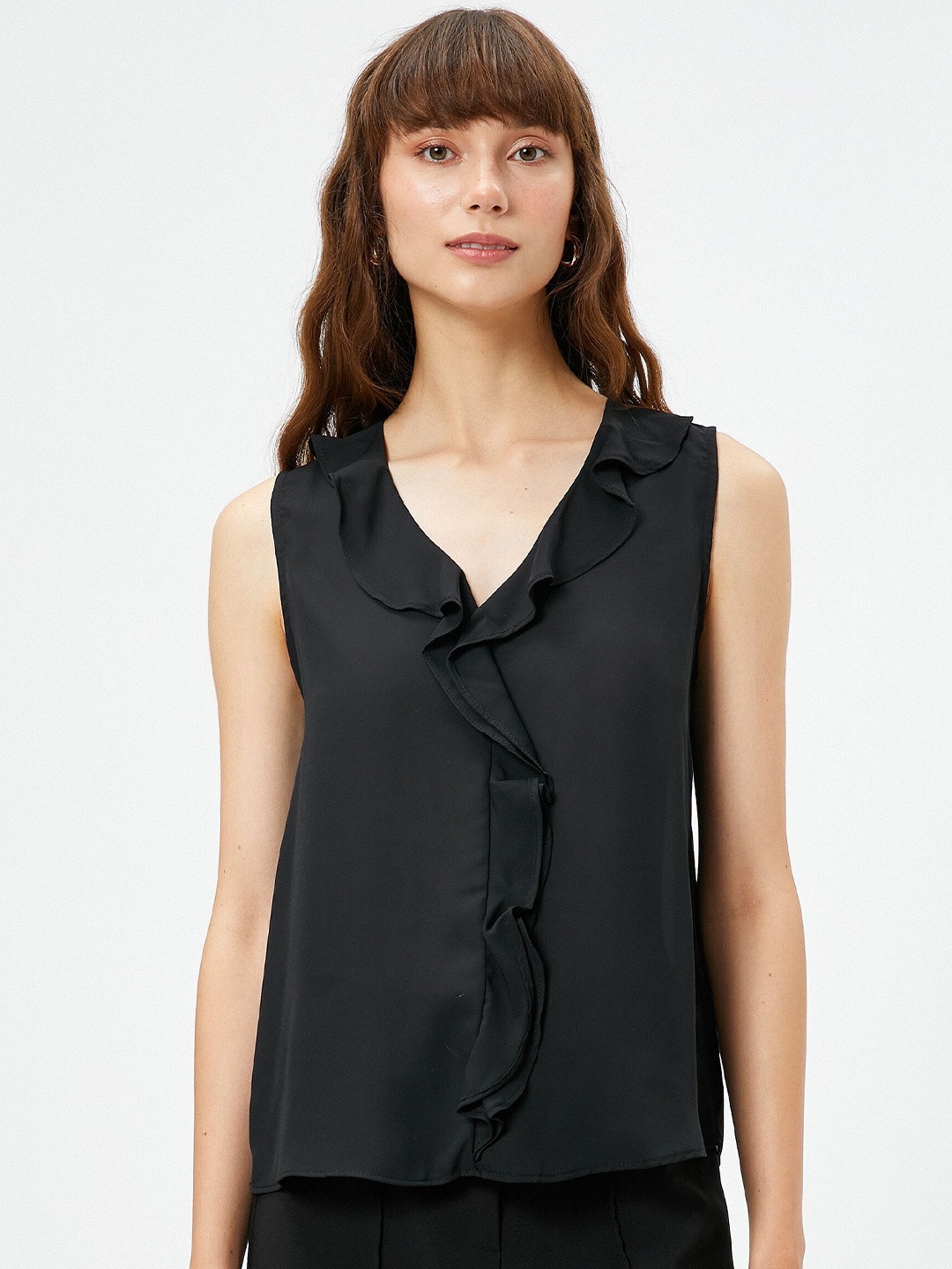 

Koton V-Neck Sleeveless Ruffled Top, Black