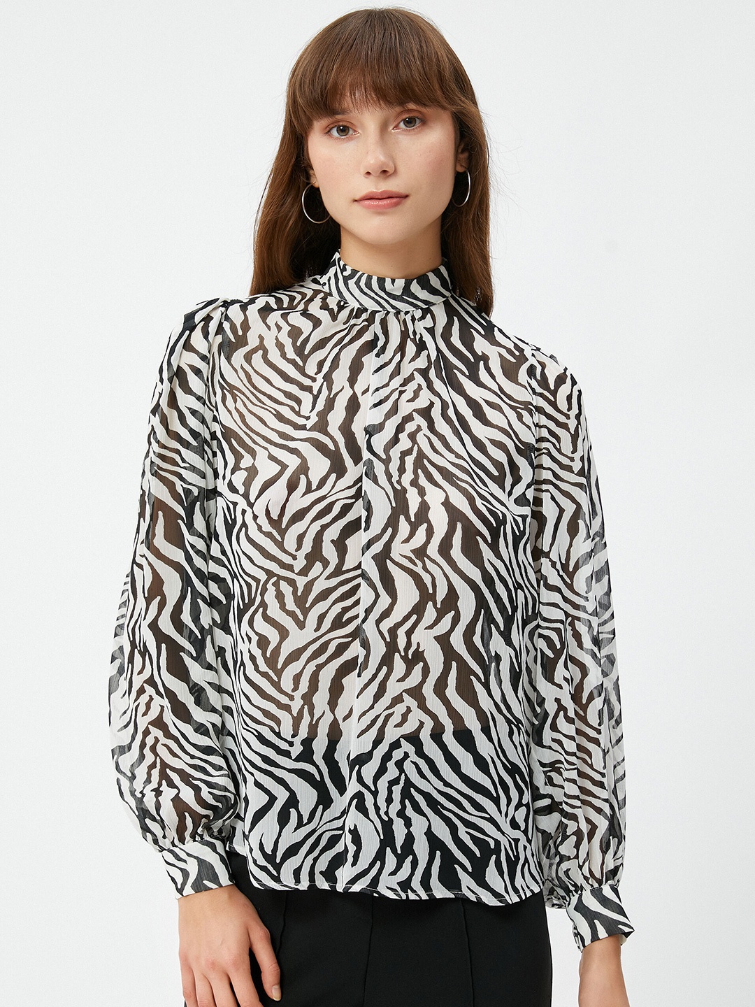 

Koton Animal Printed High Neck Puff Sleeves Top, White