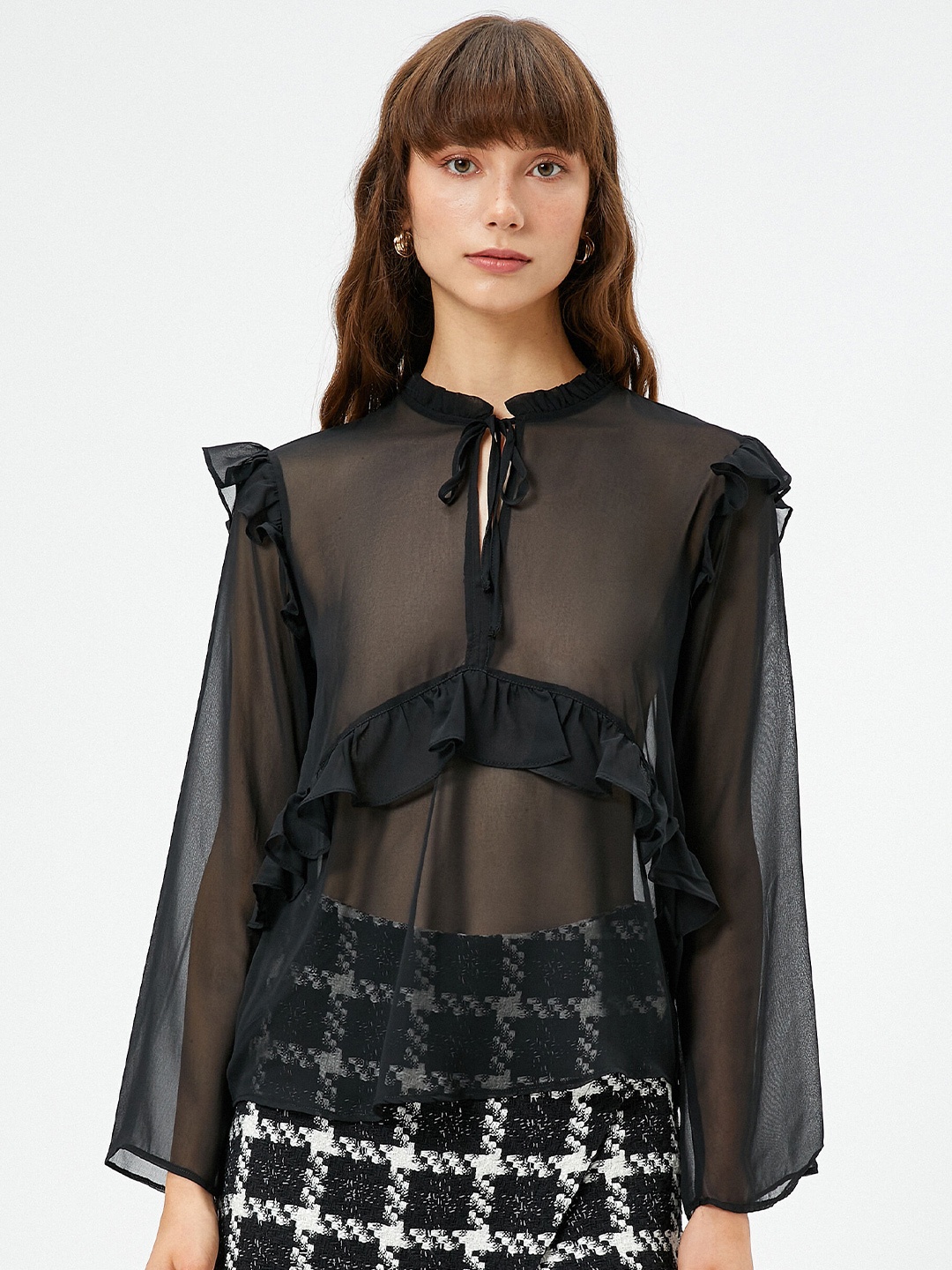 

Koton Gathered Detailed Tie-Up Neck Regular Top, Black