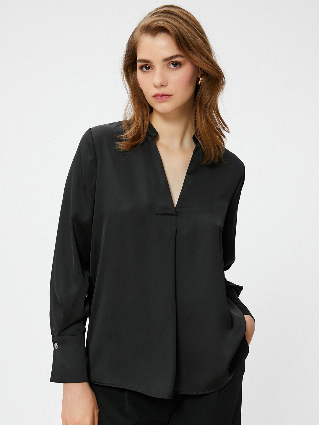 

Koton Mandarin Collar Cuffed Sleeve Regular Top, Black