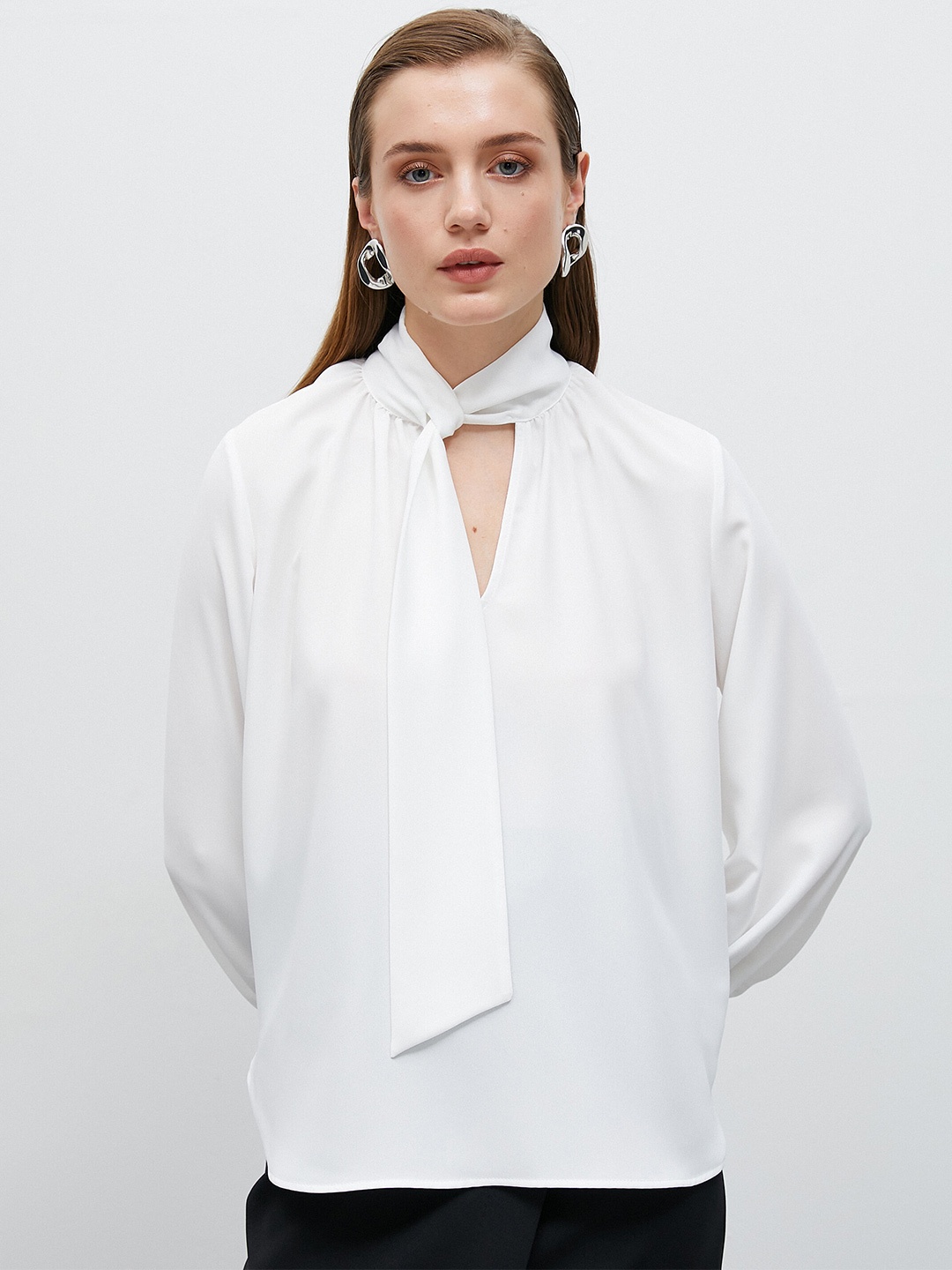 

Koton Tie-Up Neck Cuffed Sleeves Shirt Style Top, White