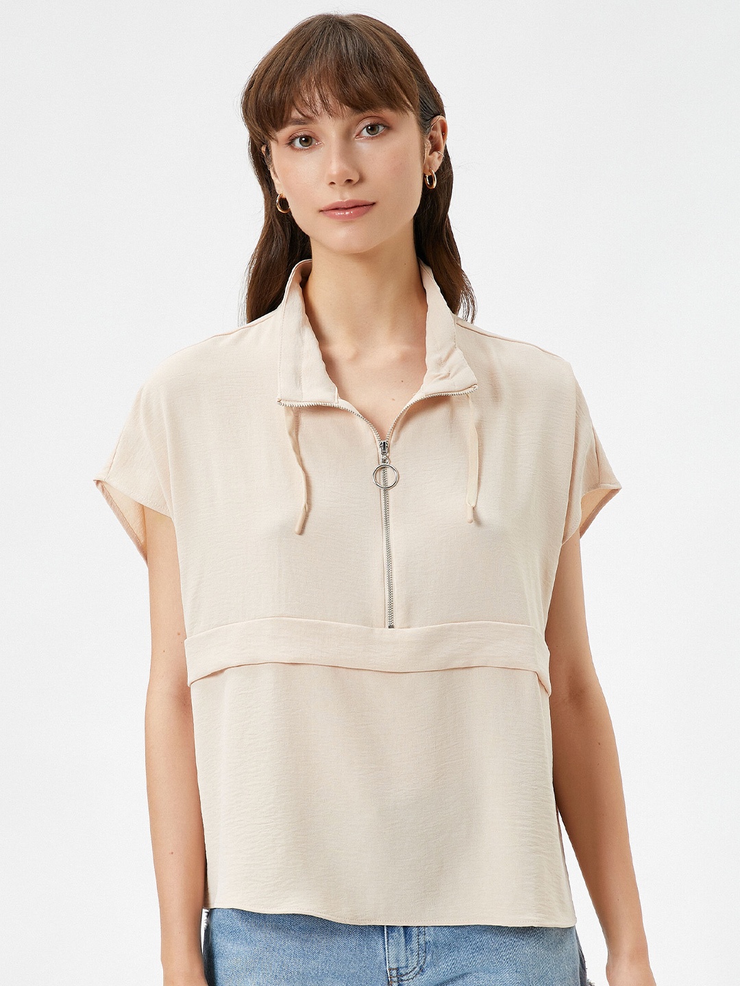 

Koton Tie-Up Neck Extended Sleeves Boxy Top, Beige