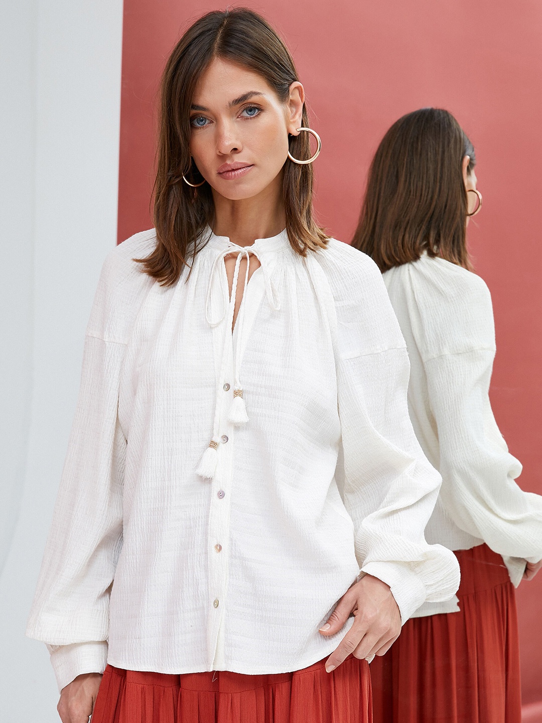 

Koton Tie Up Neck Cuffed Sleeves Shirt Style Top, White